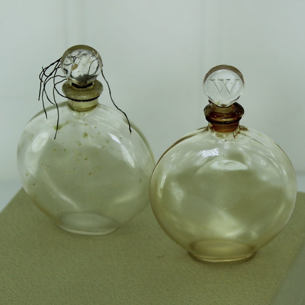 Worth Pair Perfume Bottles Miniatures 2 3/8" Vintage HP mark Pochet et du Courval lovely little bottles for reuse