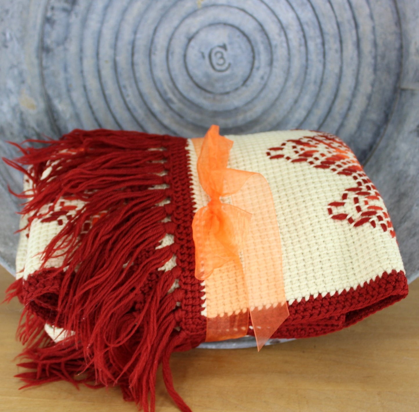 hand made afghan long fringe ivory rust orange