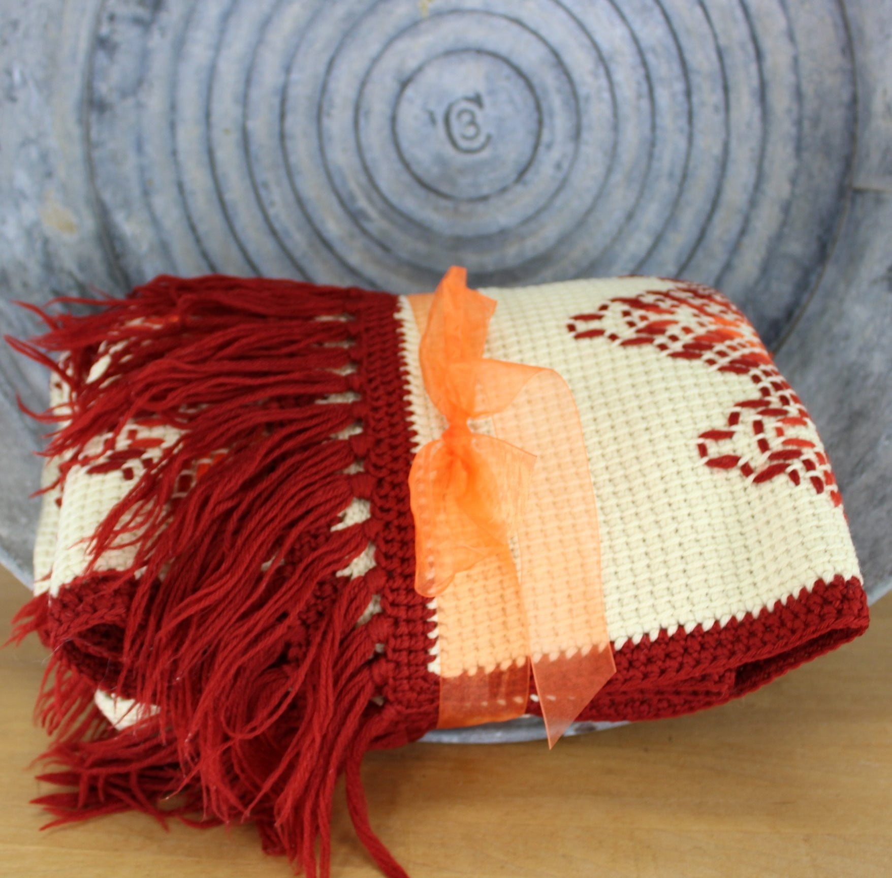 hand made afghan long fringe ivory rust orange