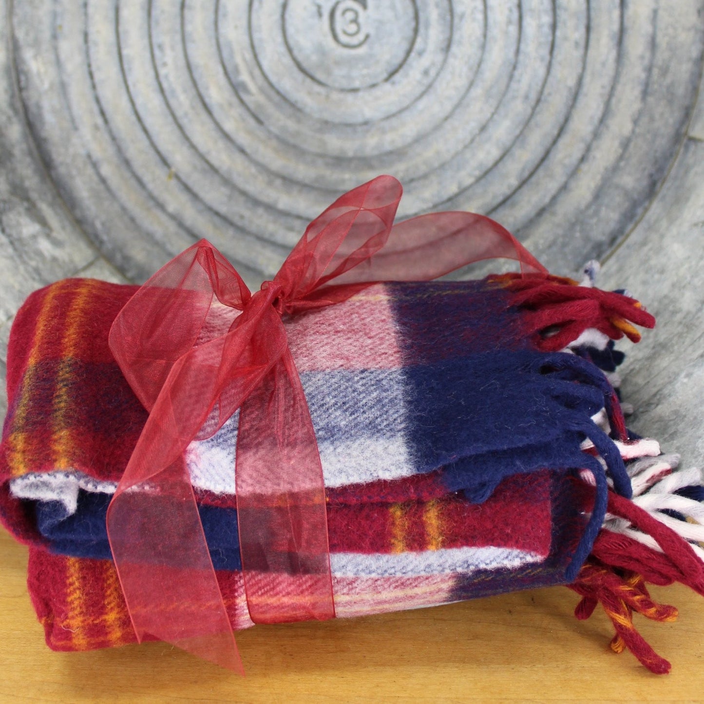 the classic navy wine white plaid from faribo faribault mill minnesota USA made