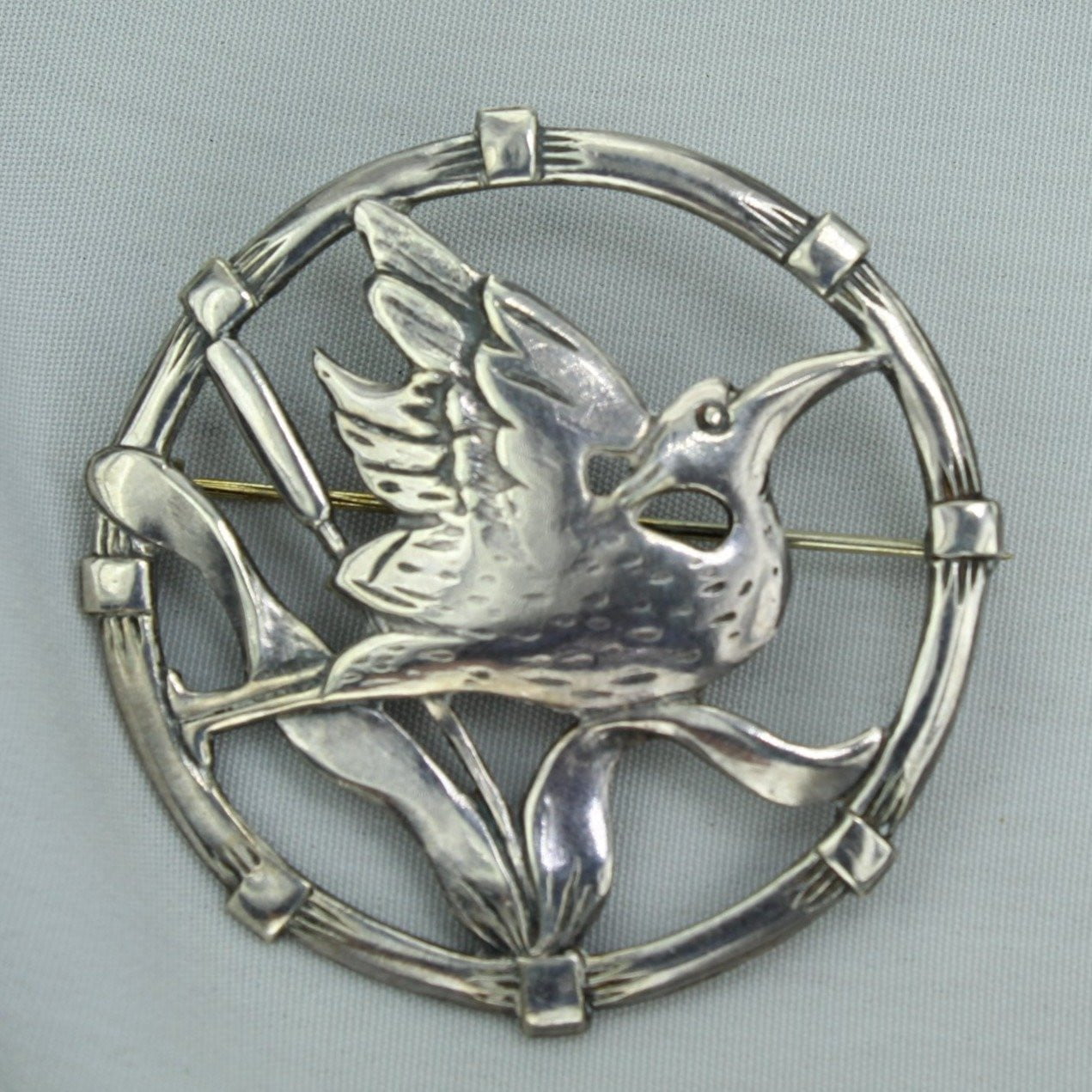 Vintage Antique Pin BRKS Sterling Crane Detail Dimensional etched