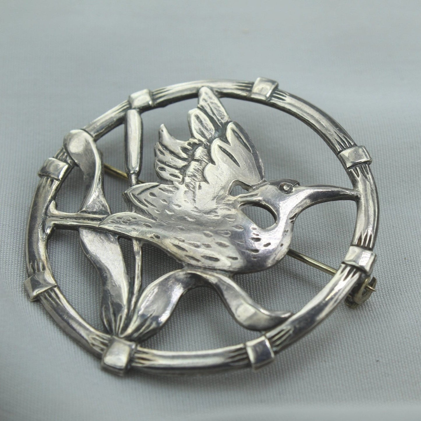 Vintage Antique Pin BRKS Sterling Crane Detail Dimensional