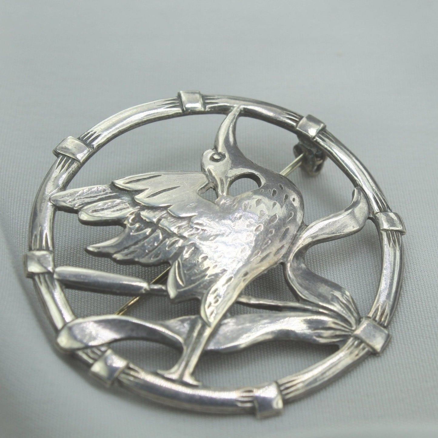 Vintage Antique Pin BRKS Sterling Crane Detail Dimensional cattail