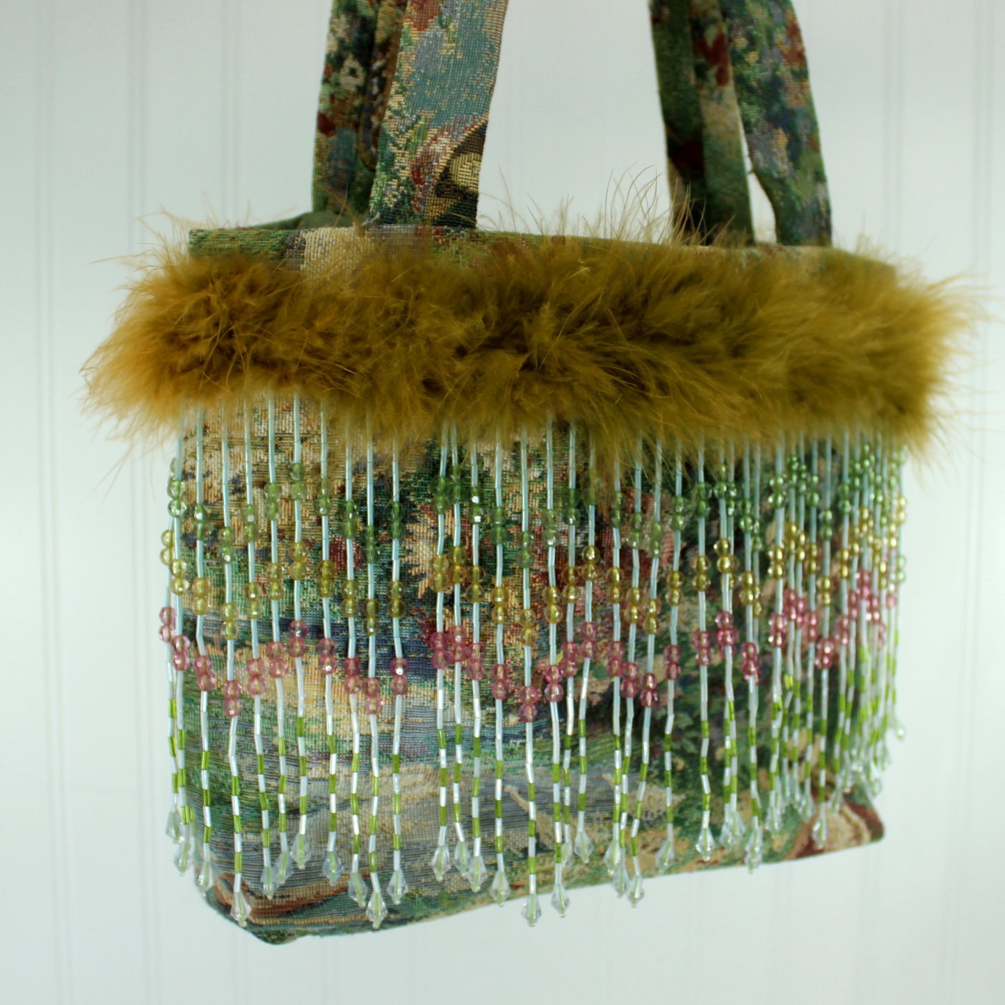 Tapestry Tote Shoulder Bag Hand Made Long Bead Fringe Ostrich Trim fully lined