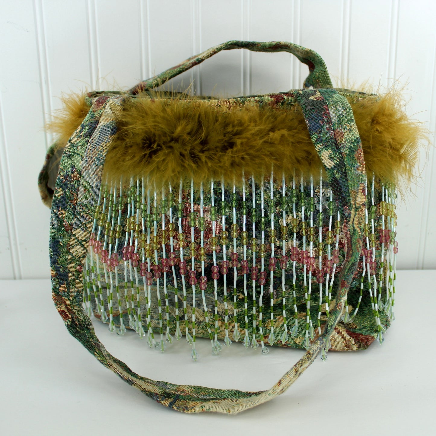 Tapestry Tote Shoulder Bag Hand Made Long Bead Fringe Ostrich Trim rectangular shape handbag