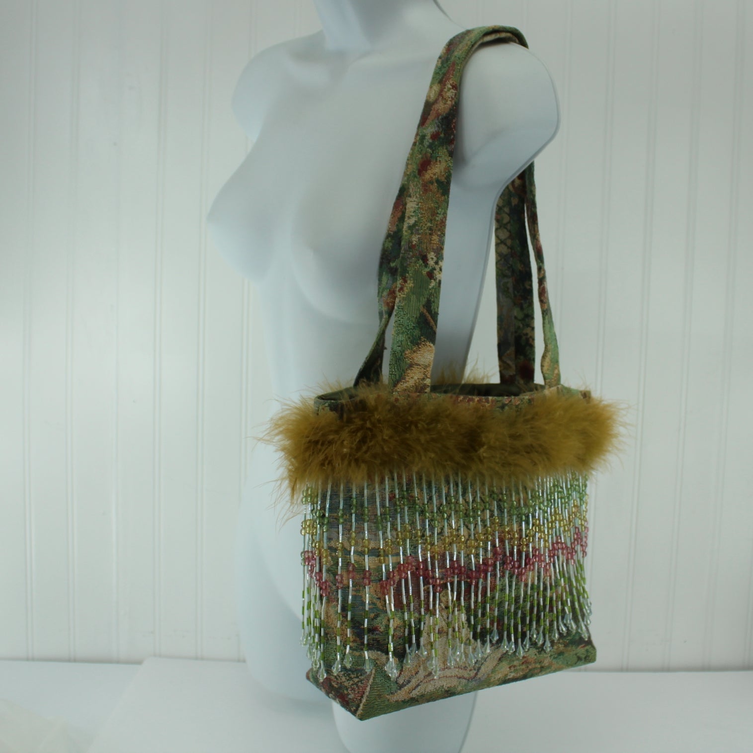 Tapestry Tote Shoulder Bag Hand Made Long Bead Fringe Ostrich Trim  12" drop shoulder strap