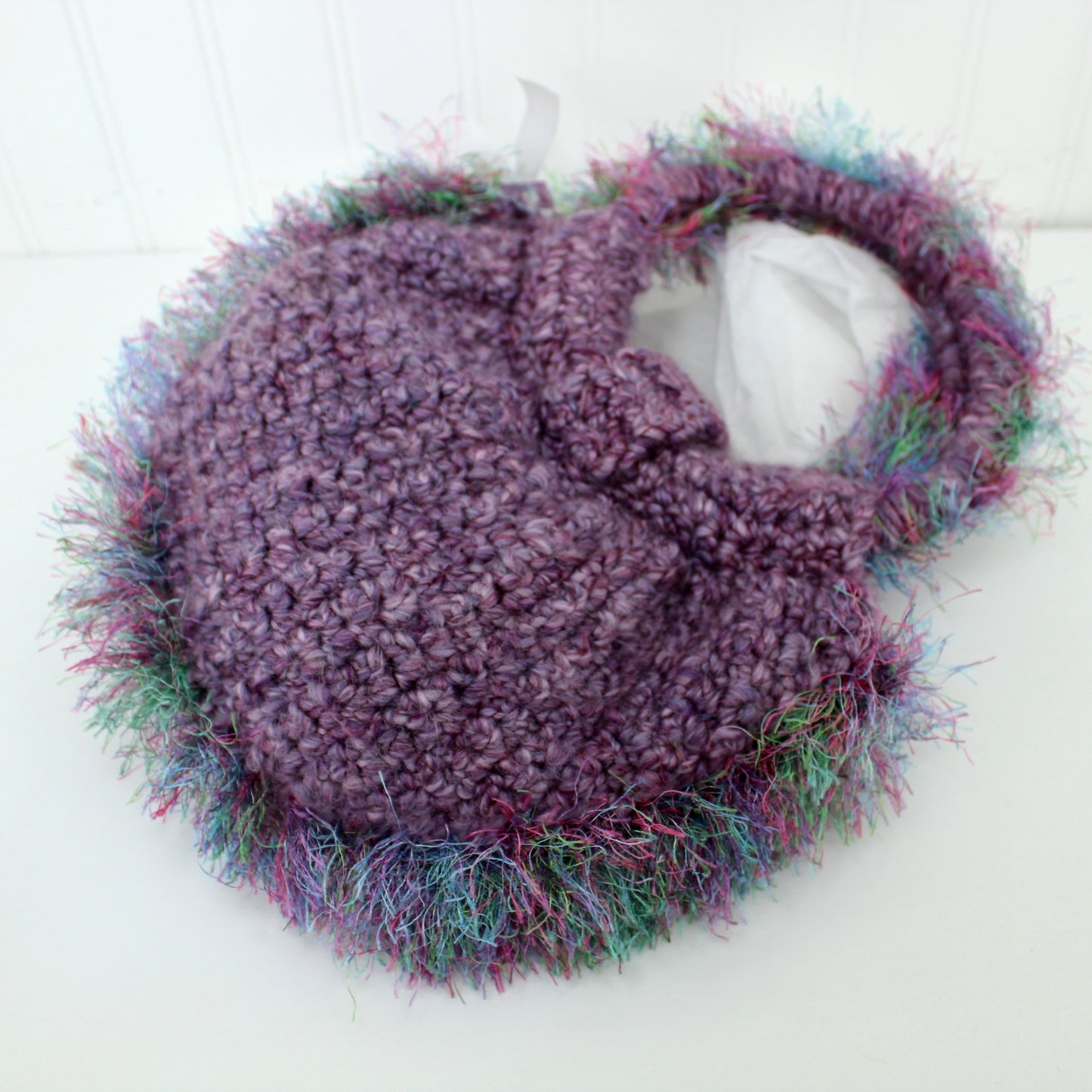 Rosebud Creation Hand Made Crocheted Wool Purse Eyelash Fringe "Lavender Fluff" button closure matching yarn