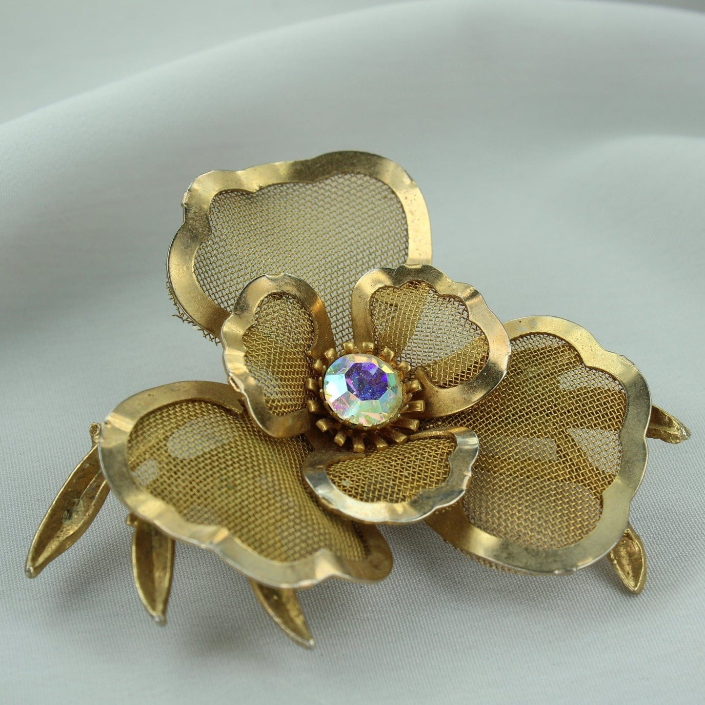 Vintage Pin Gold Wire Mesh Flower Huge Aurora Borealis Center