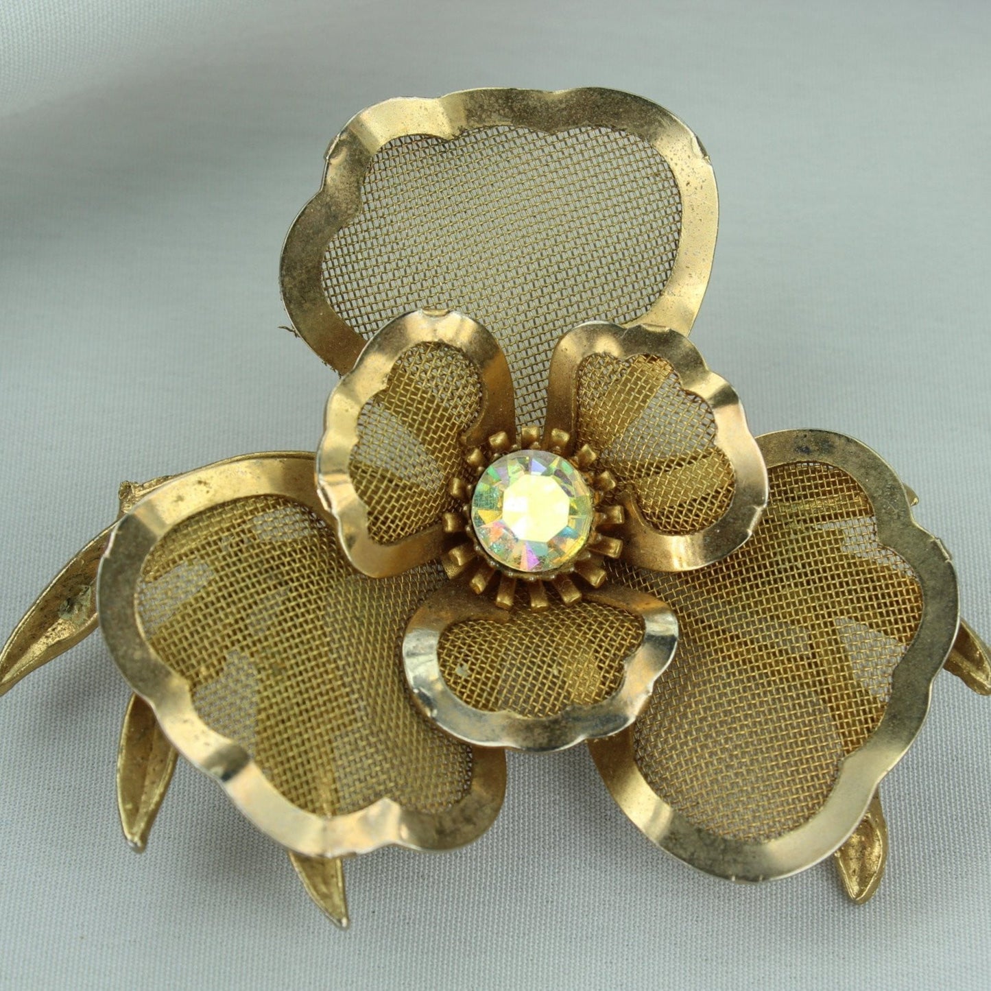 Vintage Pin Gold Wire Mesh Flower Huge Aurora Borealis Center large