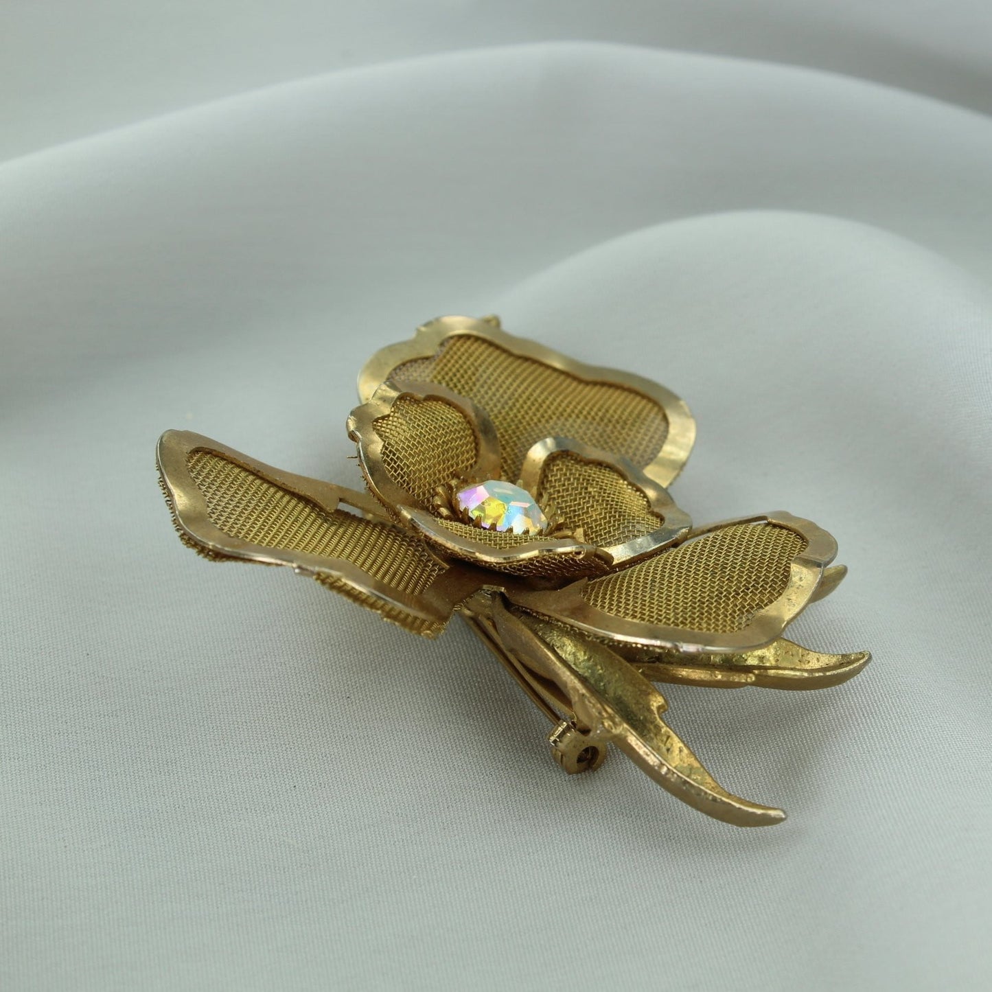 Vintage Pin Gold Wire Mesh Flower Huge Aurora Borealis Center big