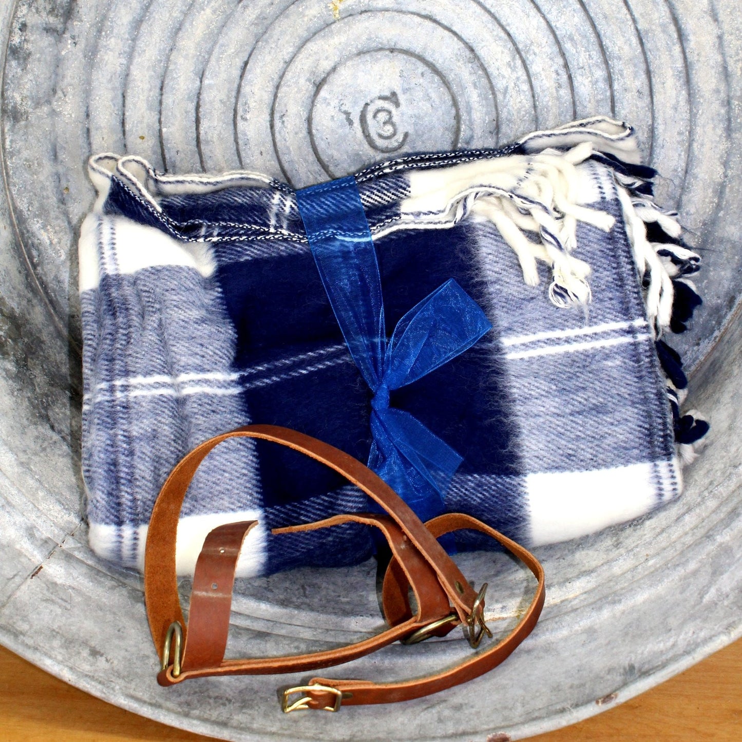 Vintage Thomas Swain Acrylic Throw Blanket - Navy White Plaid w/Leather Harness - 50" X 51" USA