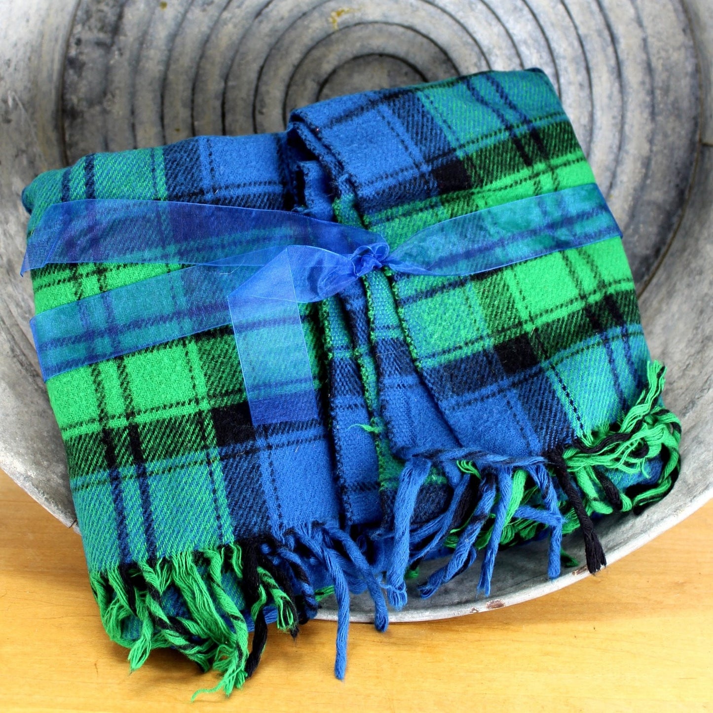 blues and greens colorful plaid tartan probably wool blend throw