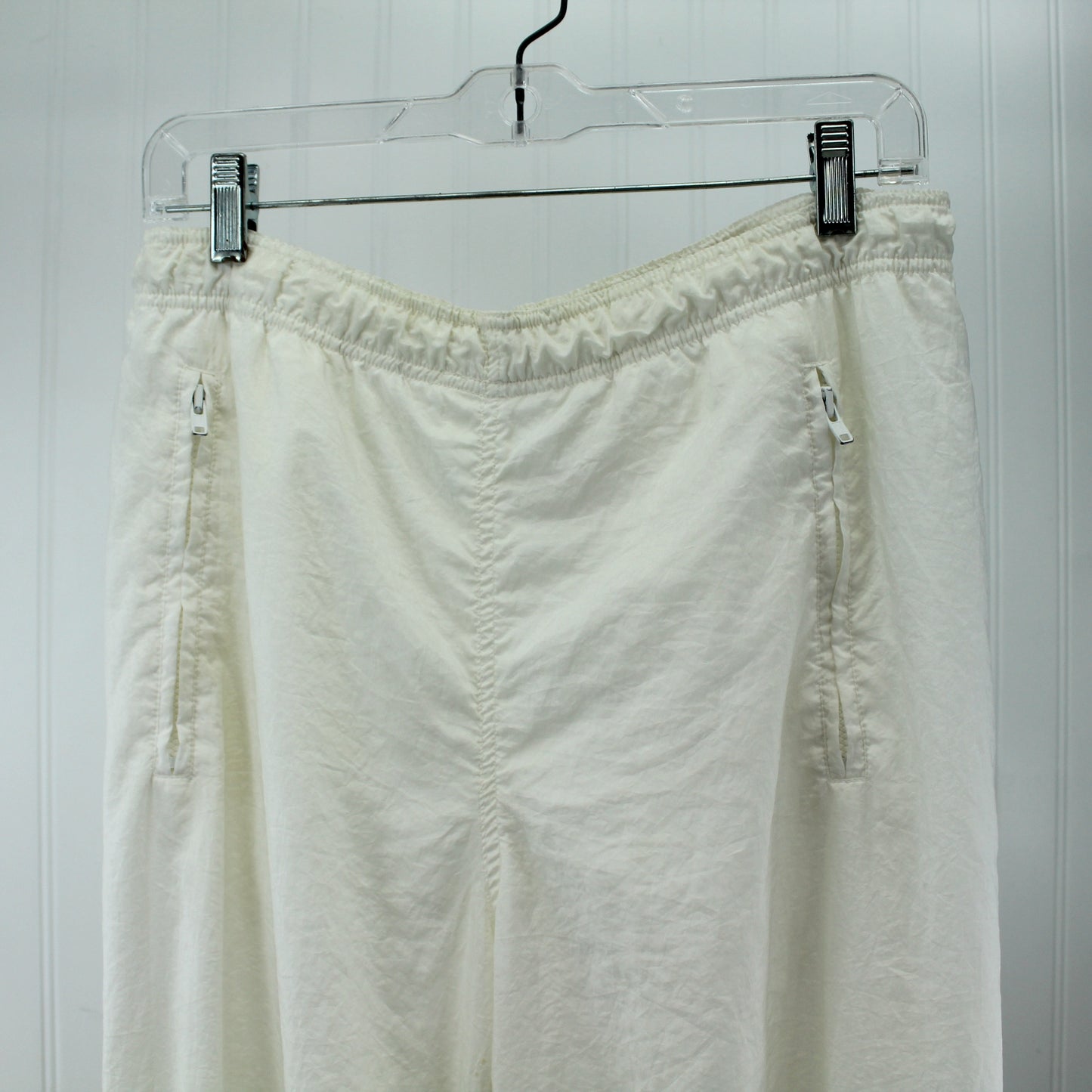 Dotdogger White Nylon Windbreaker Pants Fully Lined 2 Zip Pockets Size M elastic waist and ankle