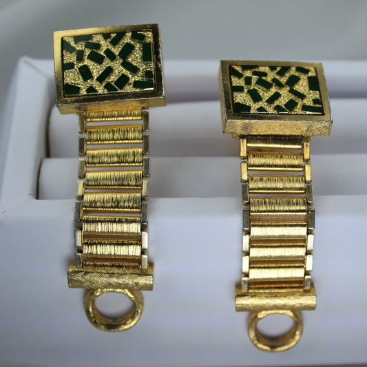 Vintage Cuff Links Wrap Around Goldtone Dark Green Dimensiona  Design