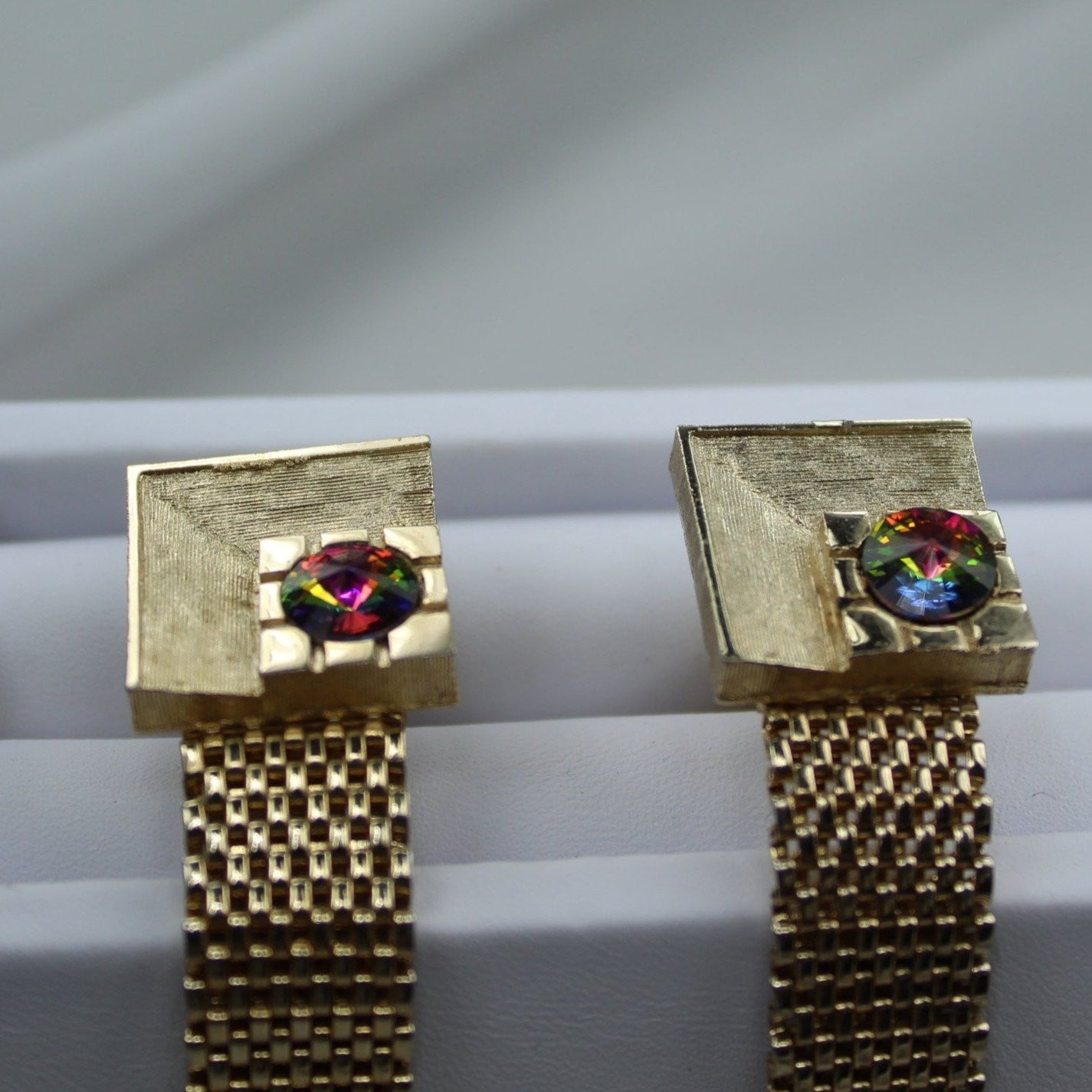 Vintage Cuff Links Wrap Around Goldtone Watermelon Aurora Borealis Disco Fever