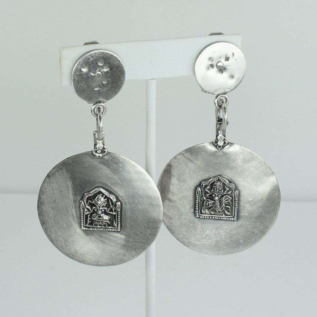 Lovely Silver Earrings Hindu Deity Large Medallion Dangle Clip Finding unusually nice