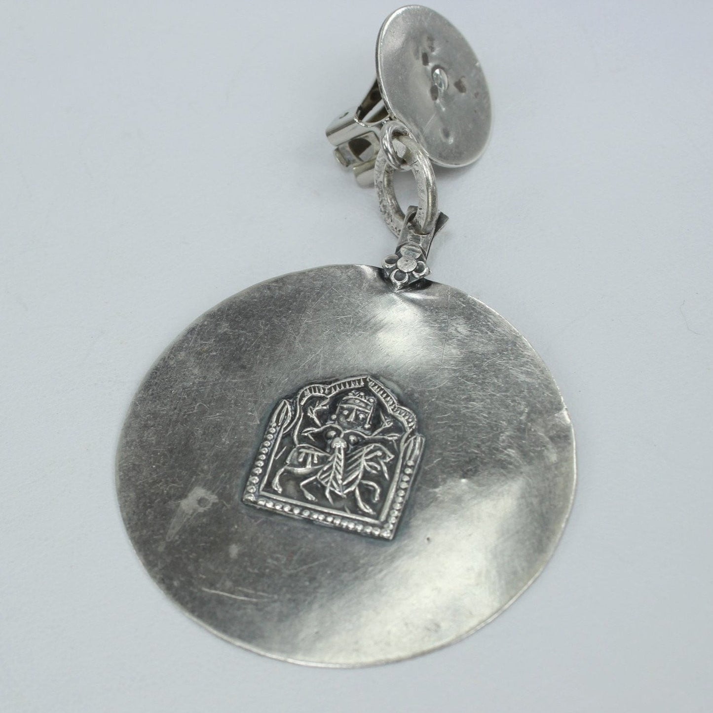 Lovely Silver Earrings Hindu Deity Large Medallion Dangle Clip Finding rare quality