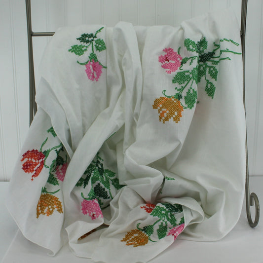 Large Cross Stitch Embroidered Tablecloth Cotton Blend Big Flower Colorful Bouquets