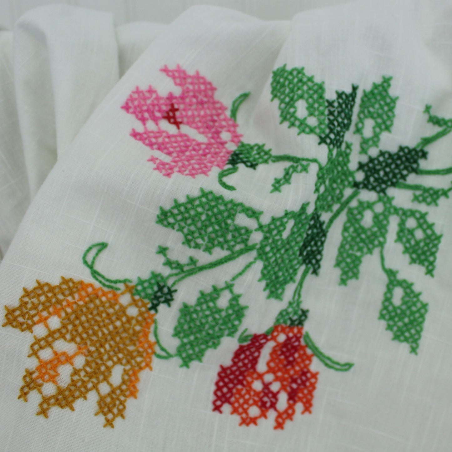 Large Cross Stitch Embroidered Tablecloth Cotton Blend Big Flower Colorful Bouquets pink gold green