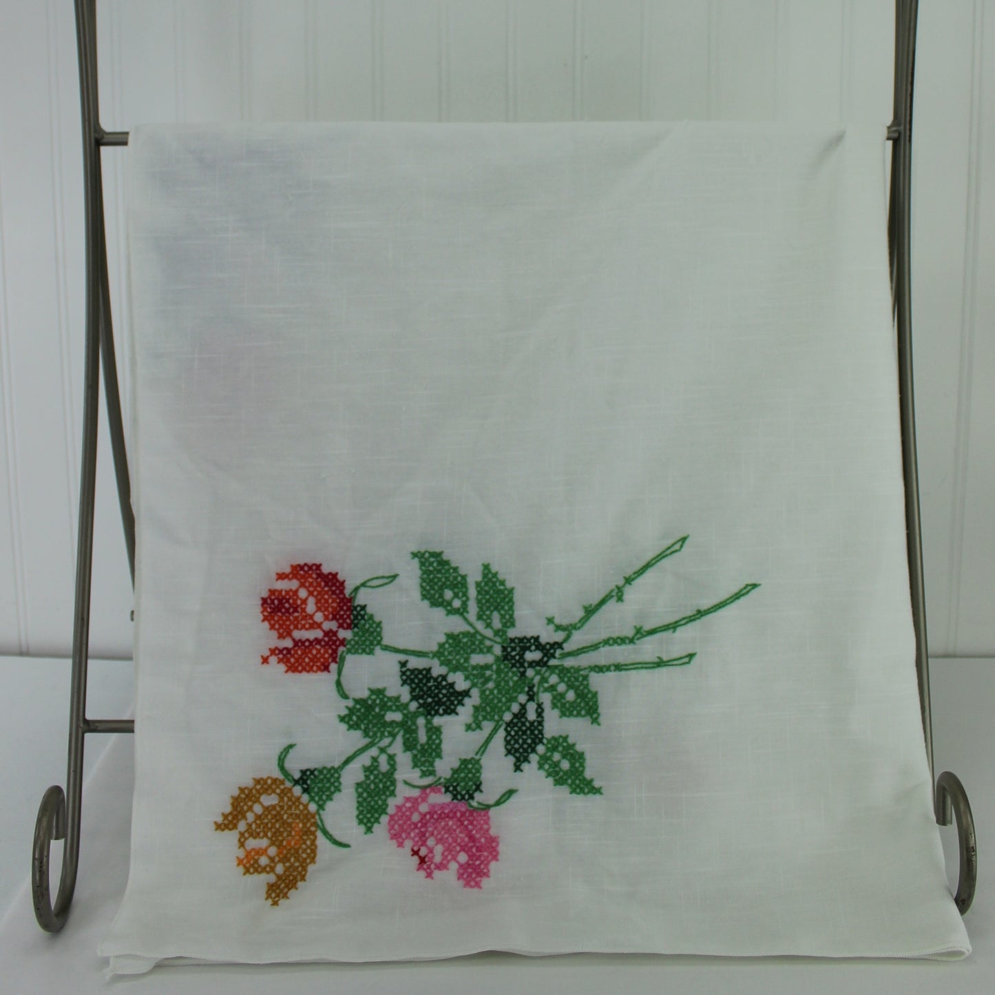 Large Cross Stitch Embroidered Tablecloth Cotton Blend Big Flower Colorful Bouquets heavy  cross stitch
