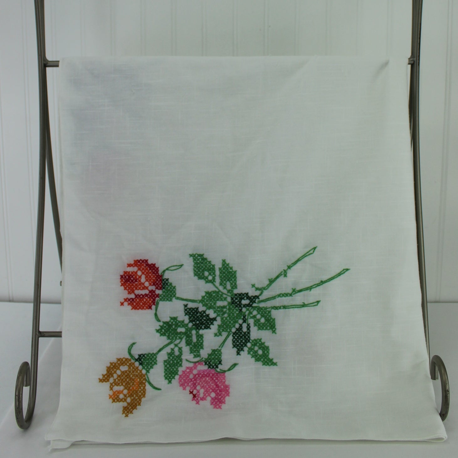Large Cross Stitch Embroidered Tablecloth Cotton Blend Big Flower Colorful Bouquets heavy  cross stitch