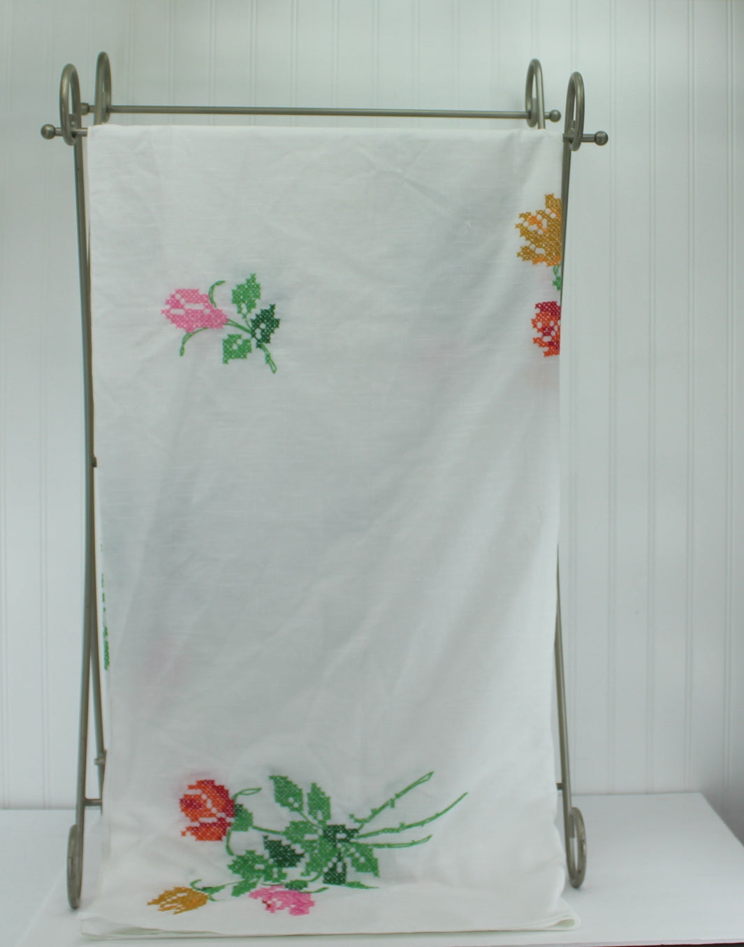 Large Cross Stitch Embroidered Tablecloth Cotton Blend Flower Colorful Bouquets