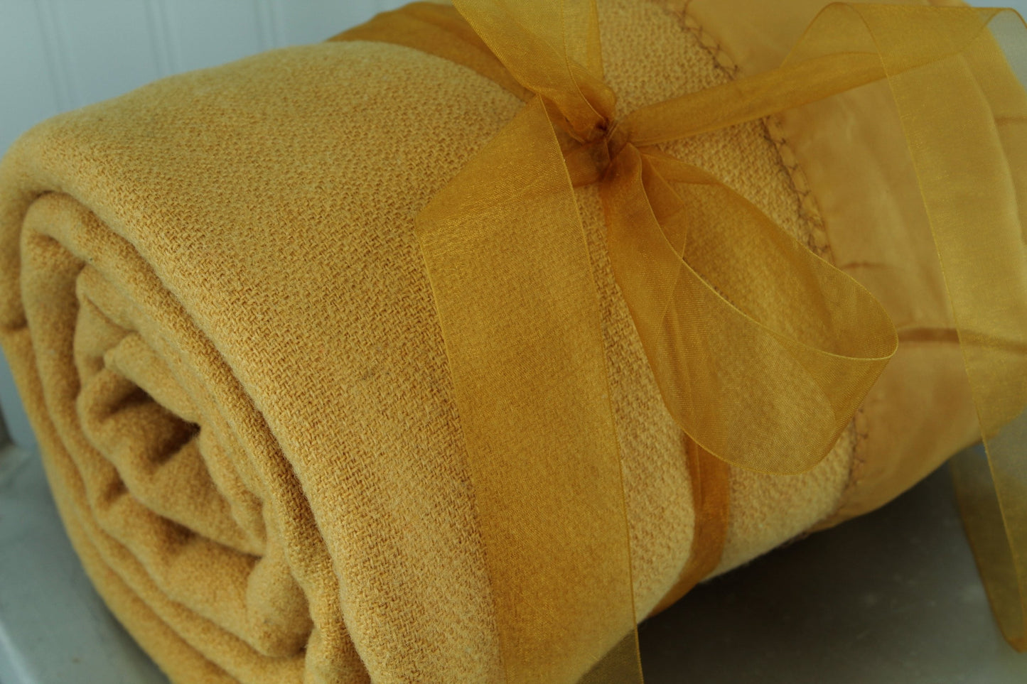 Faribo 100% Virgin Wool Blanket Butterscotch Gold Vintage 60" X 84" Wide Satin Binding 3"
