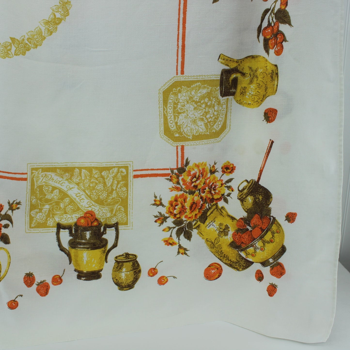 Mid Century Tablecloth Linen Farm Print Strawberries Jugs Flowers 51"X48" borders and center medallion