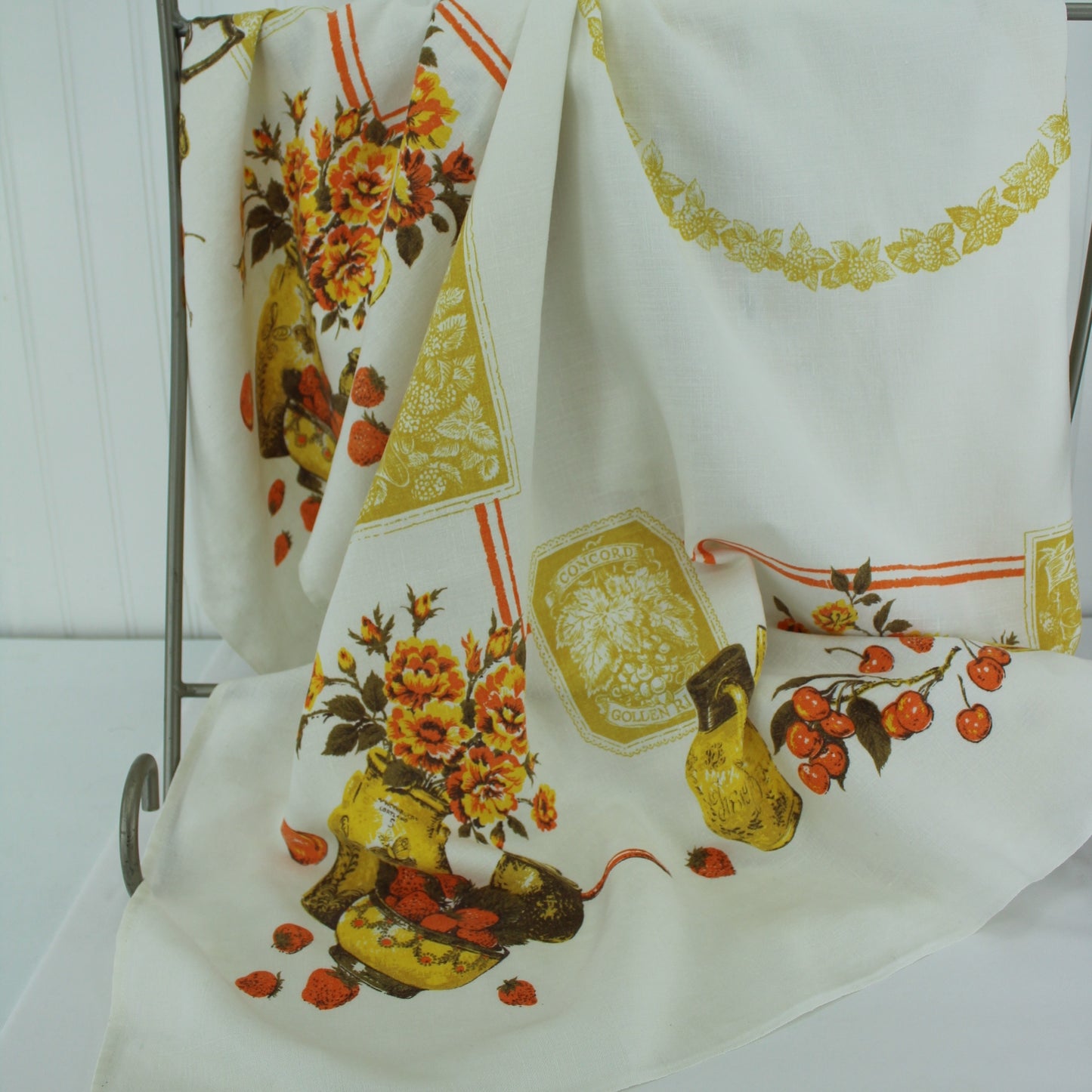 Mid Century Tablecloth Linen Farm Print Strawberries Jugs Flowers 51"X48"