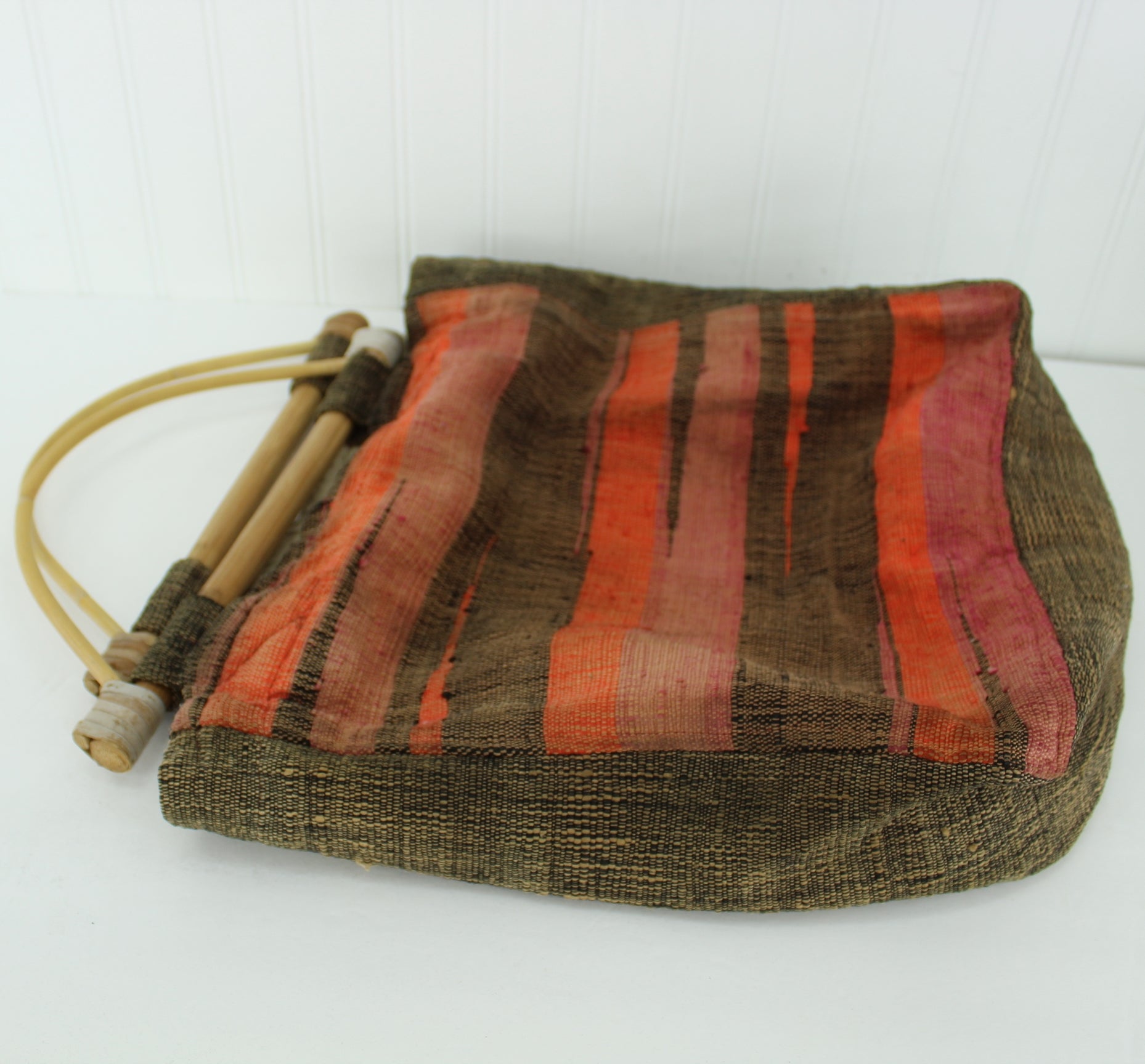 Hand Made Old Tote Granny Bag Craft Travel Bag Heavy Woven Fiber Muslin Lining Bamboo Handles double handles