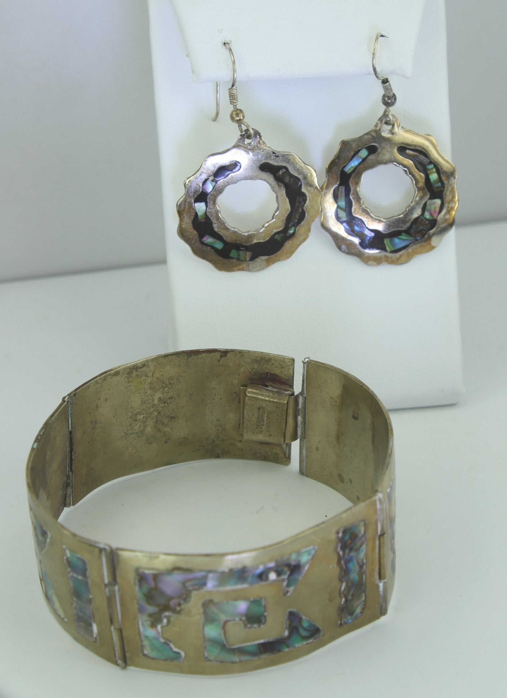 Lot Abalone Alpaca Vintage Link Bracelet Dangle Wire Pierced Earrings older