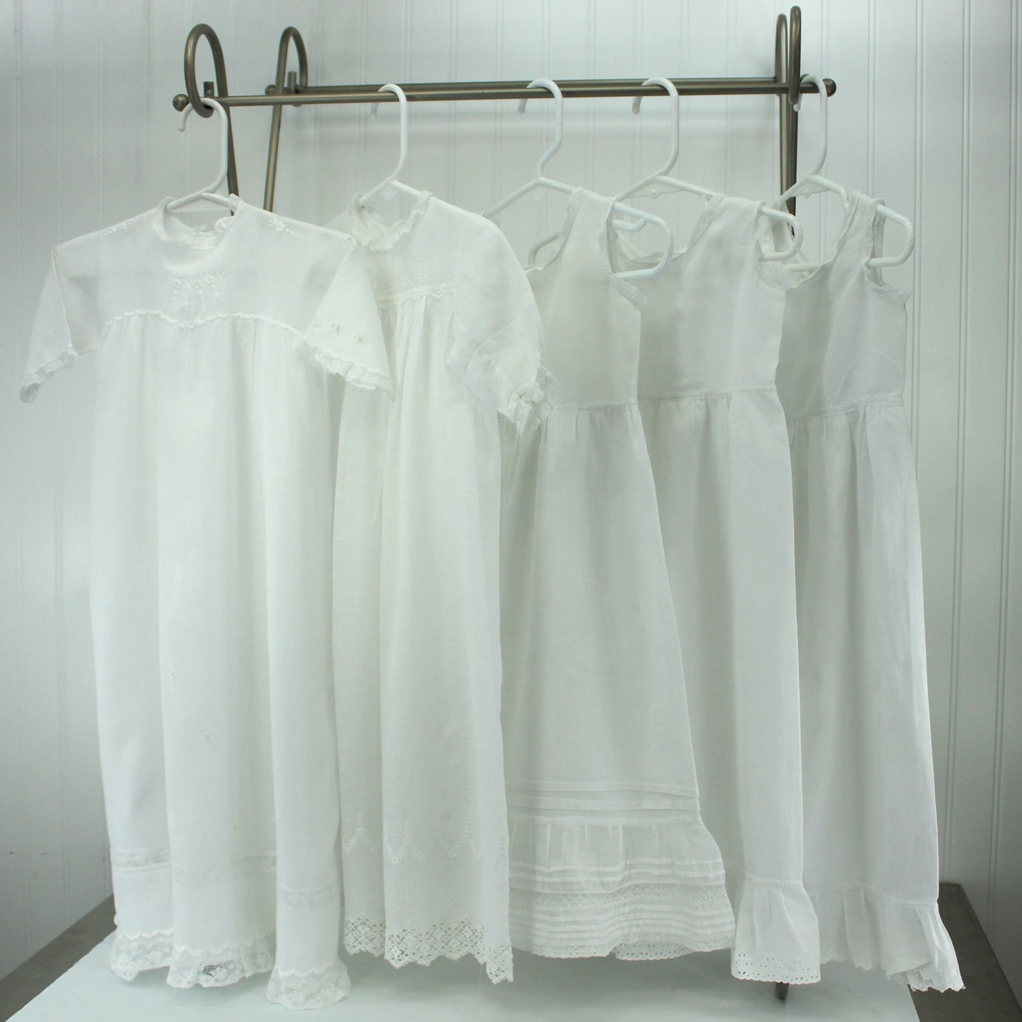 Collection 5 Pieces Infant Victorian Christening Summer Dresses Lace Embroidery Organdy Great for Large Dolls estate owners baby clothes antique