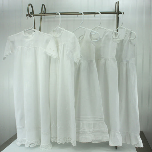 Collection 5 Pieces Infant Victorian Christening Summer Dresses Lace Embroidery Organdy Great for Large Dolls estate owners baby clothes antique