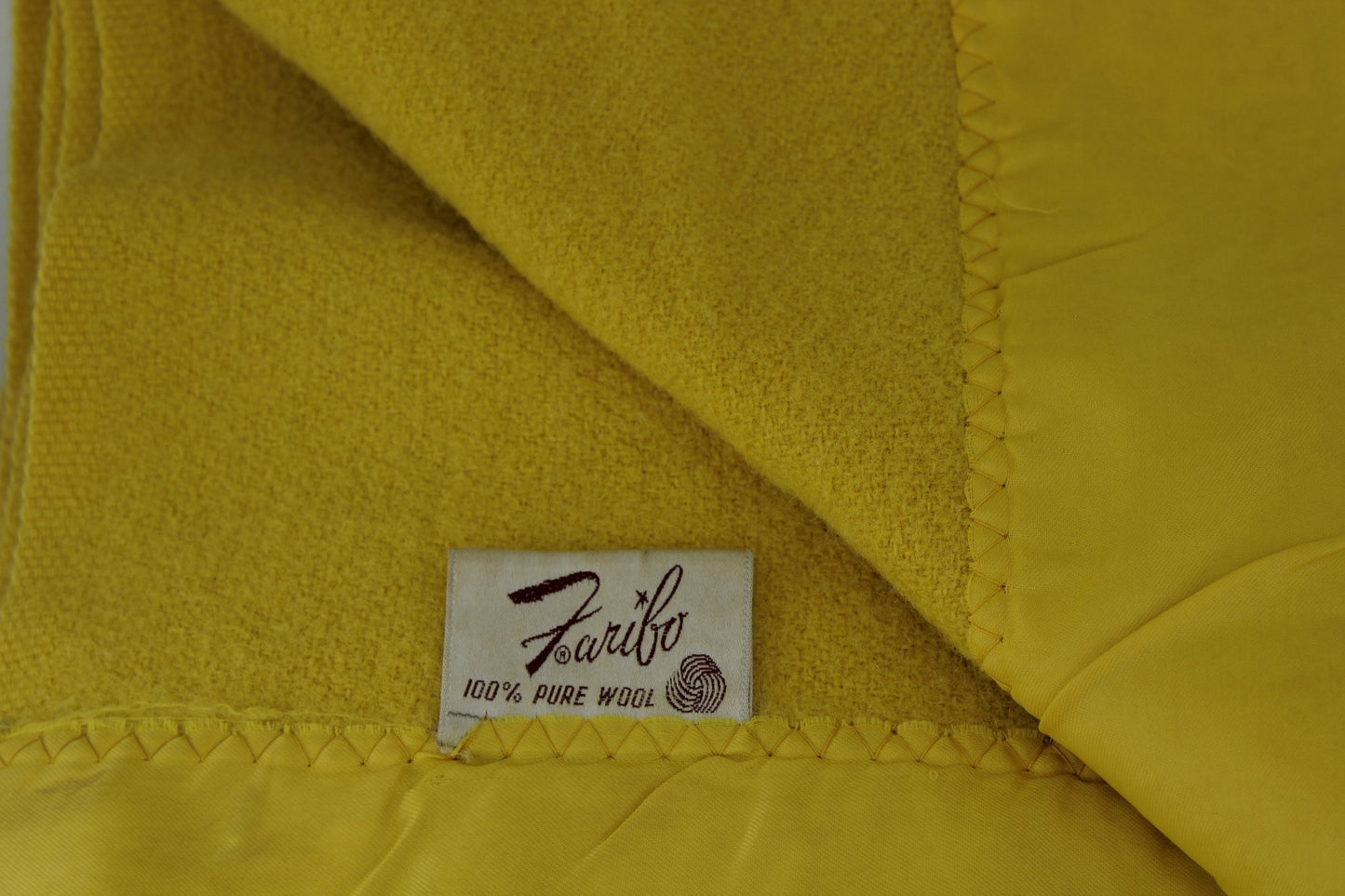 Faribo 100% Wool Blanket Dijon Mustard Gold Vintage 82" X 84" Wide Satin Binding 3" queen