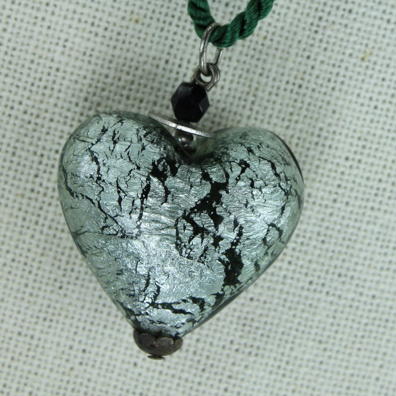 Artisan Necklace Silver Black Glass Heart Pendant Green Satin Cord puff heart