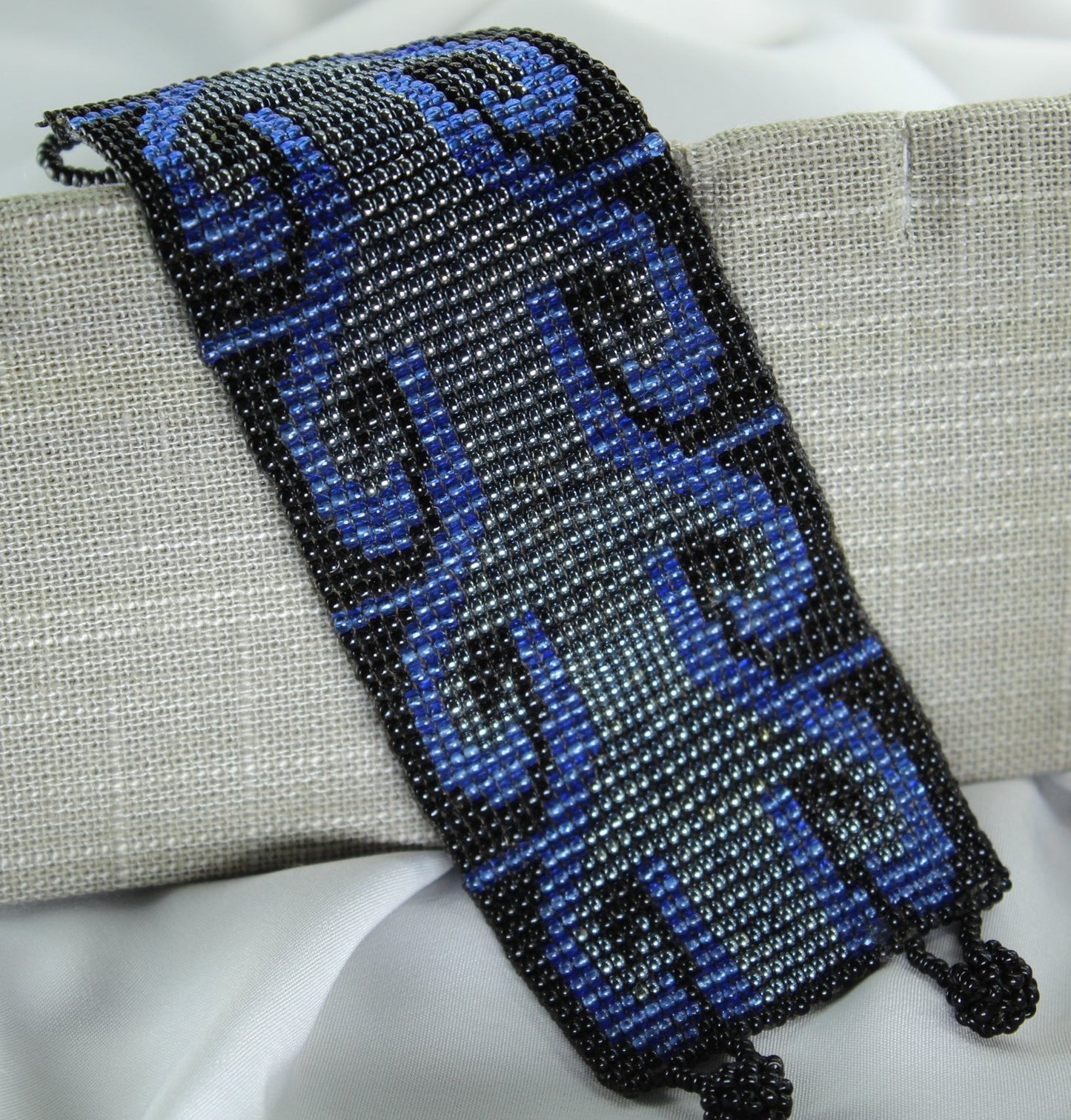 Beaded Bracelet Metallic Blue Black Silver Glass Beads hand made