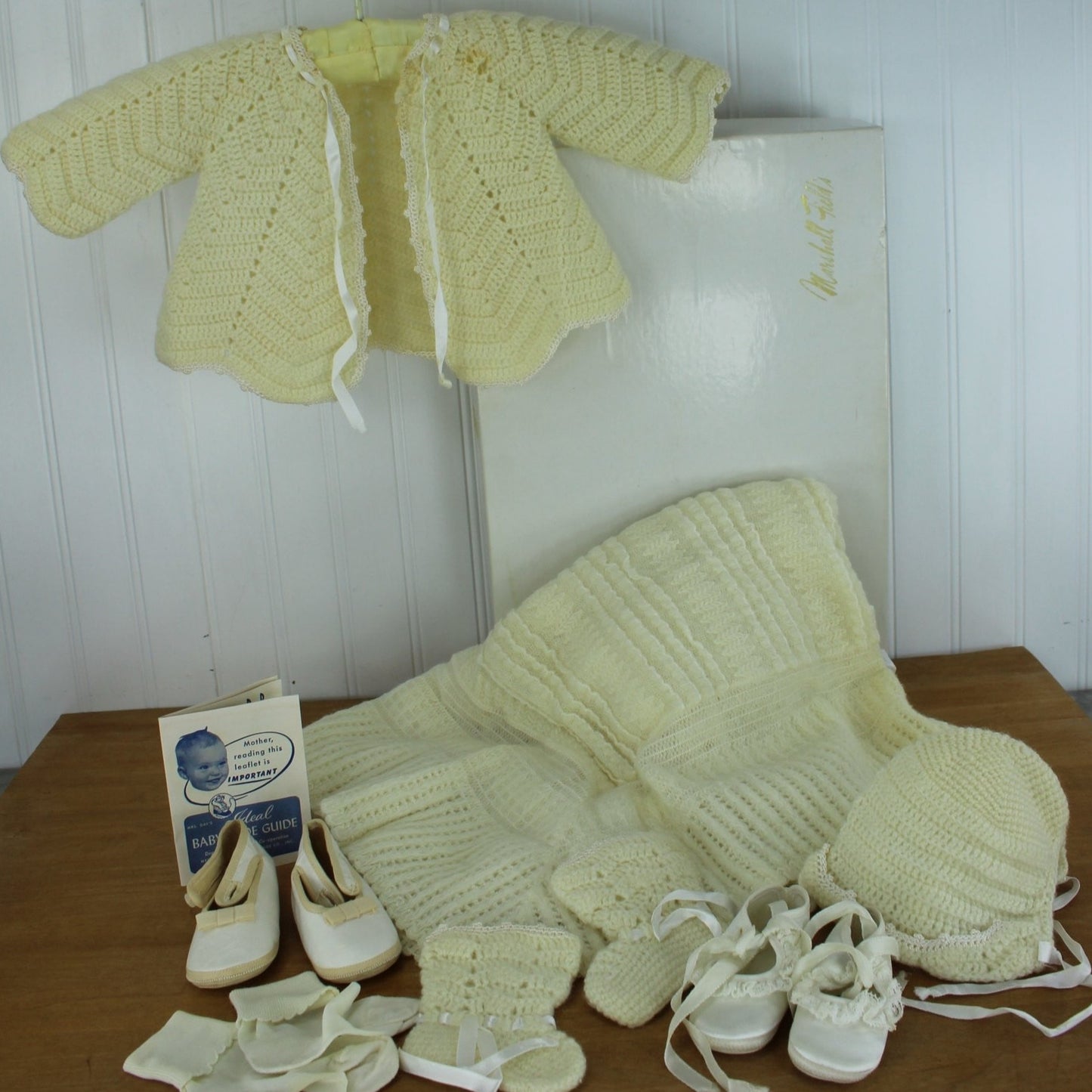 Marshall Fields Vintage Layette Infant Sweater Ideal Kid Shoes Blanket - Gift Card June 1986 mrs day's shoes