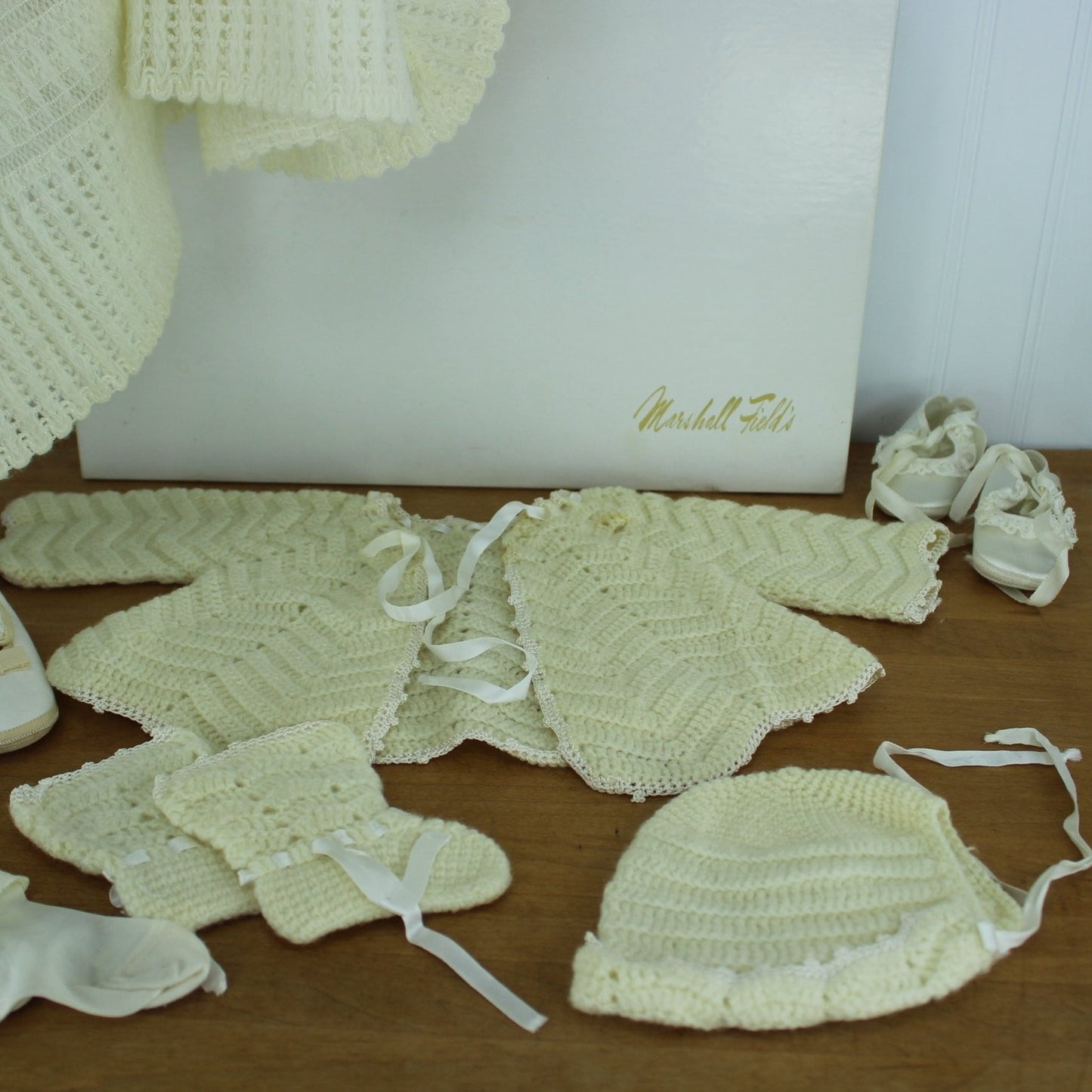 Marshall Fields Vintage Layette Infant Sweater Ideal Kid Shoes Blanket - Gift Card June 1986 ribbon tie booties