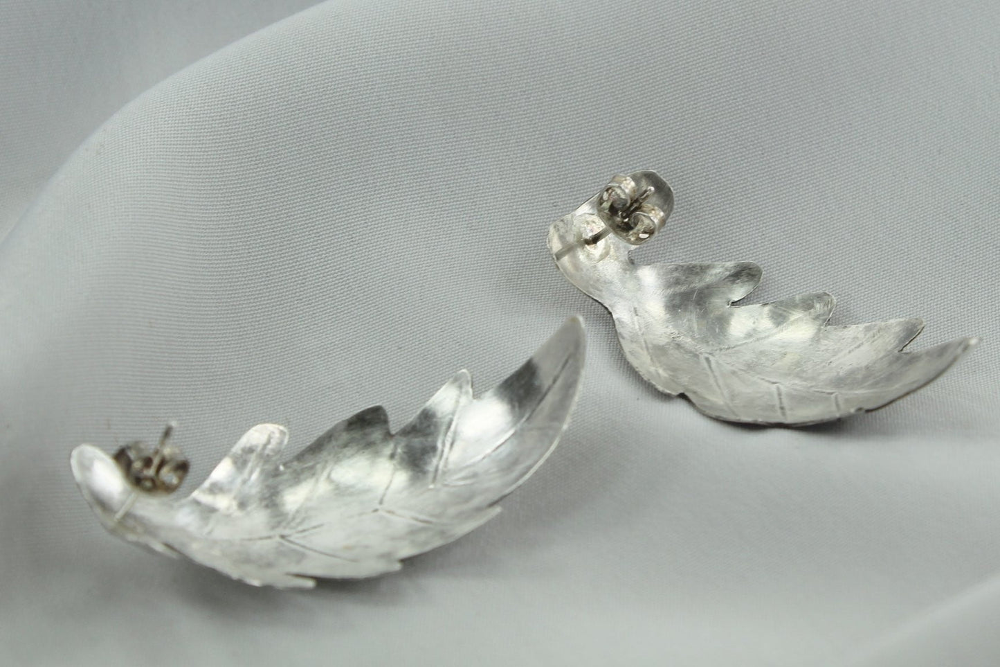 Unique Sterling Earrings Large Curled Leaf Posts one of kind