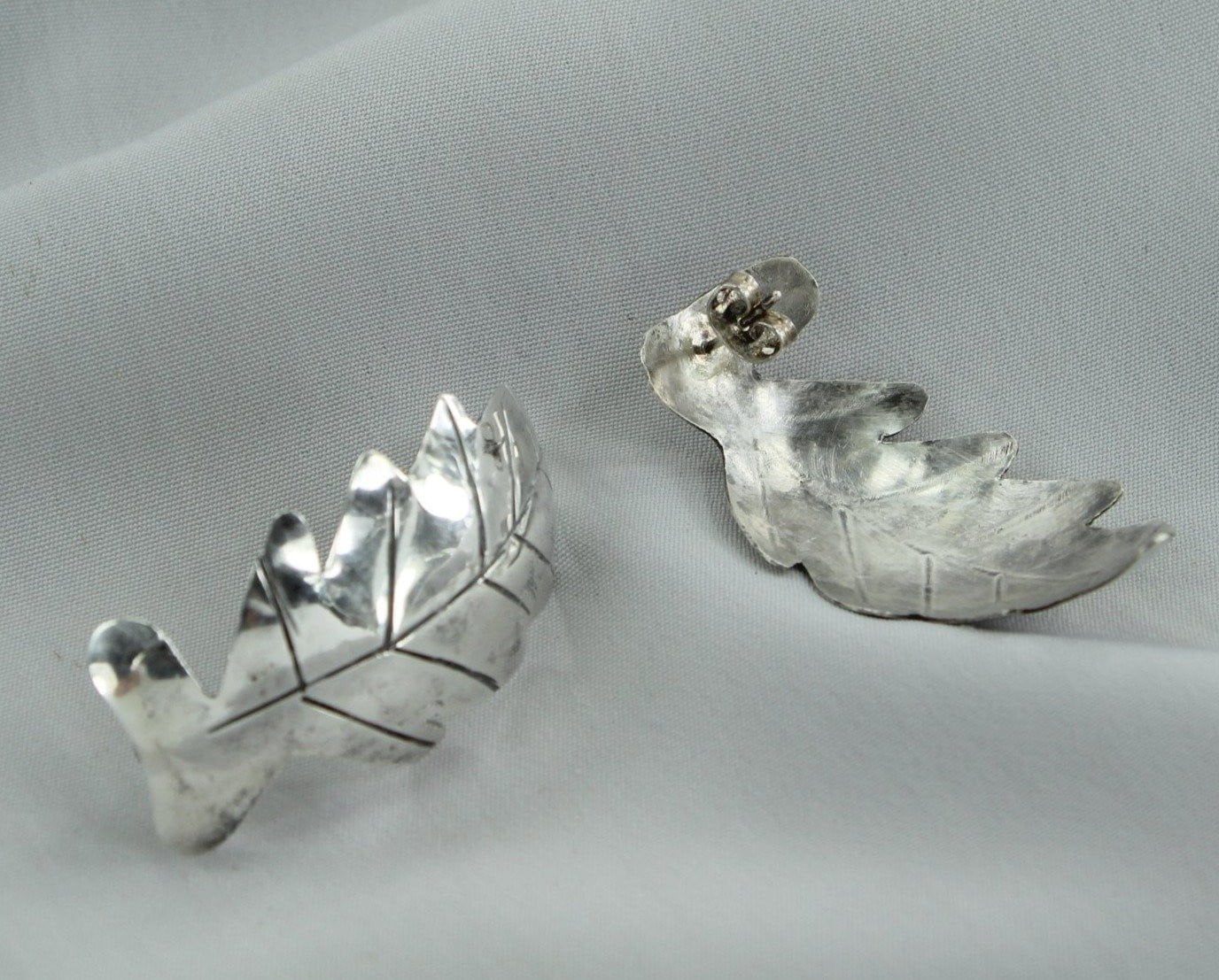 Unique Sterling Earrings Large Curled Leaf Posts estate