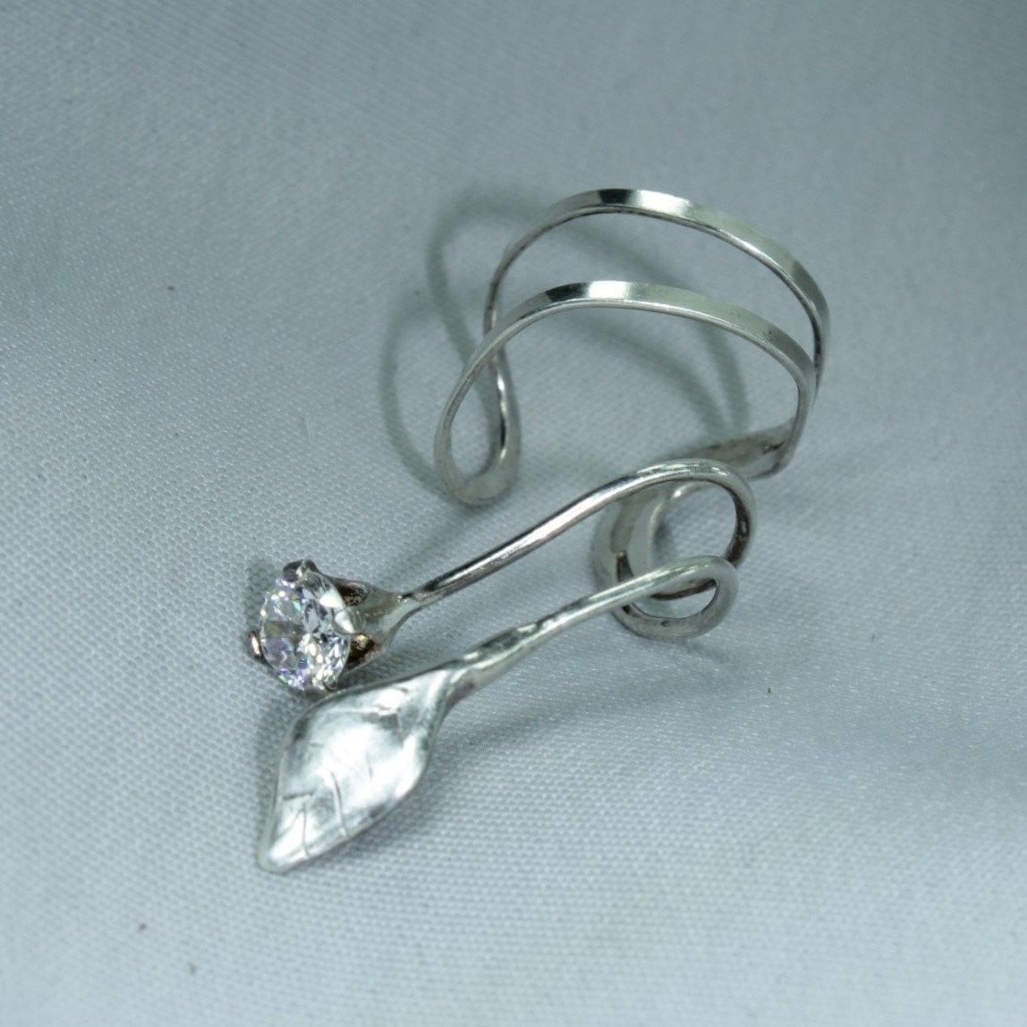 Wire Cuff Earring Silver Crystal Leaf Wear Lobe Top of Ear spiral