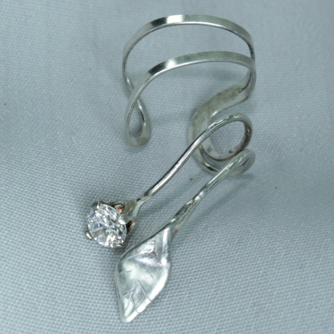 Wire Cuff Earring Silver Crystal Leaf Wear Lobe Top of Ear