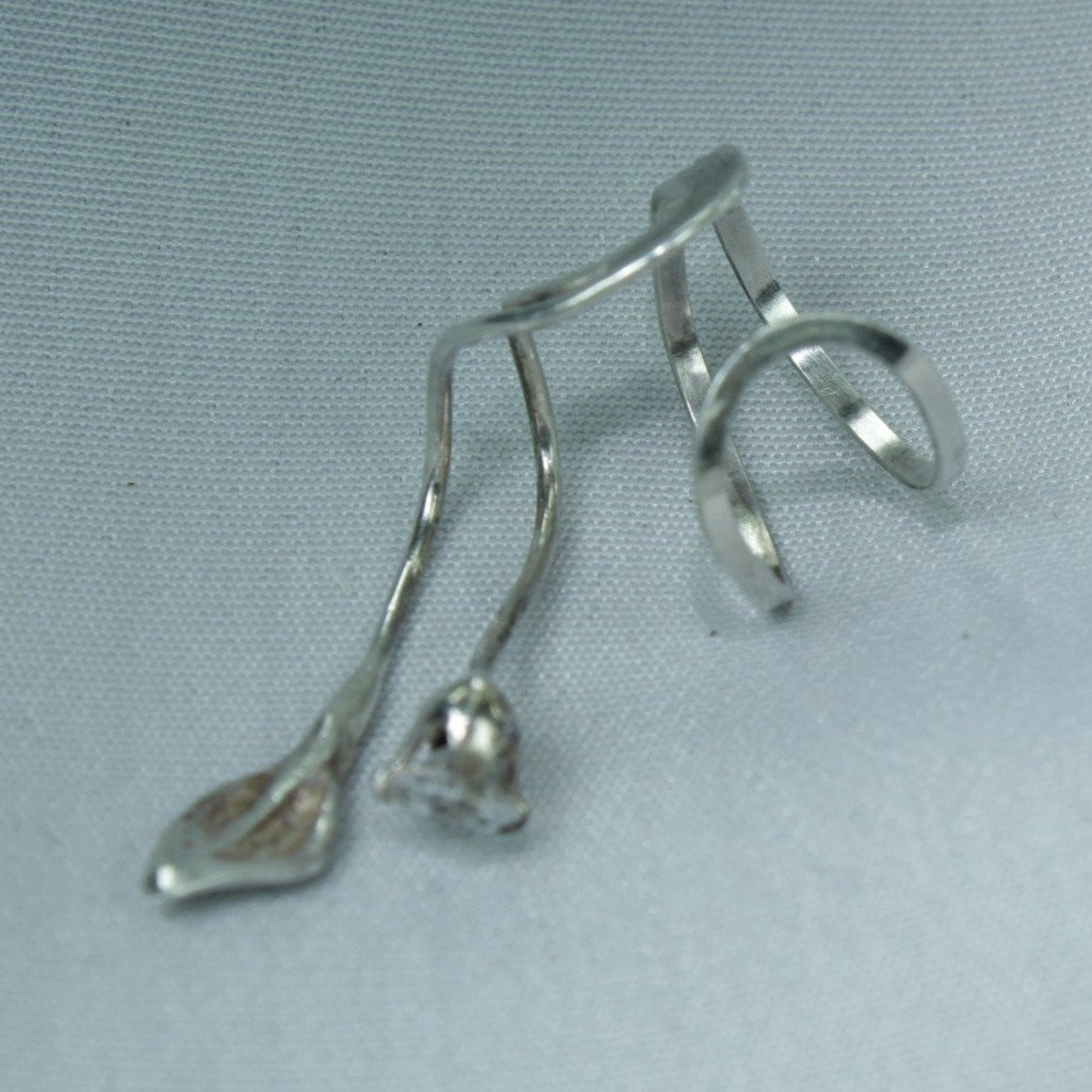 Wire Cuff Earring Silver Crystal Leaf Wear Lobe Top of Ear adjustable