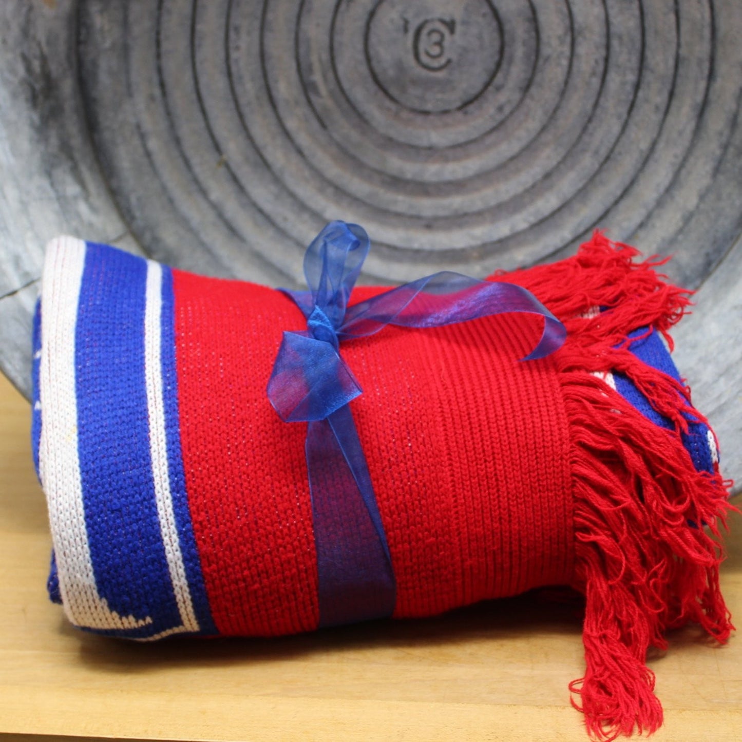 Big Ten Centennial Collectible Throw Blanket - 1896 -- 1996 - Wisconsin sweater knit heavy fringe