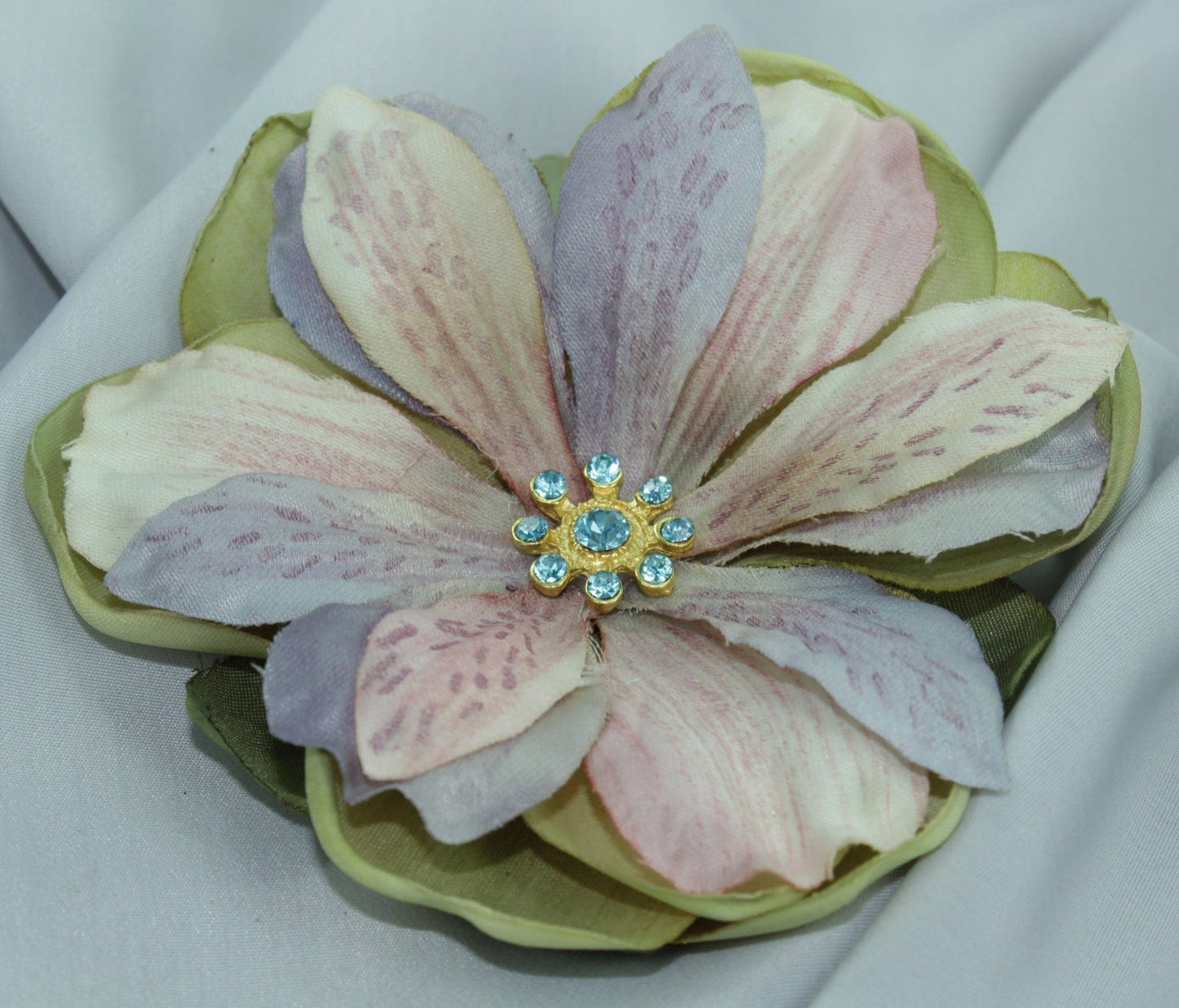 Vintage Hair Clip Silk Lily Blue Rhinestone Center 4"