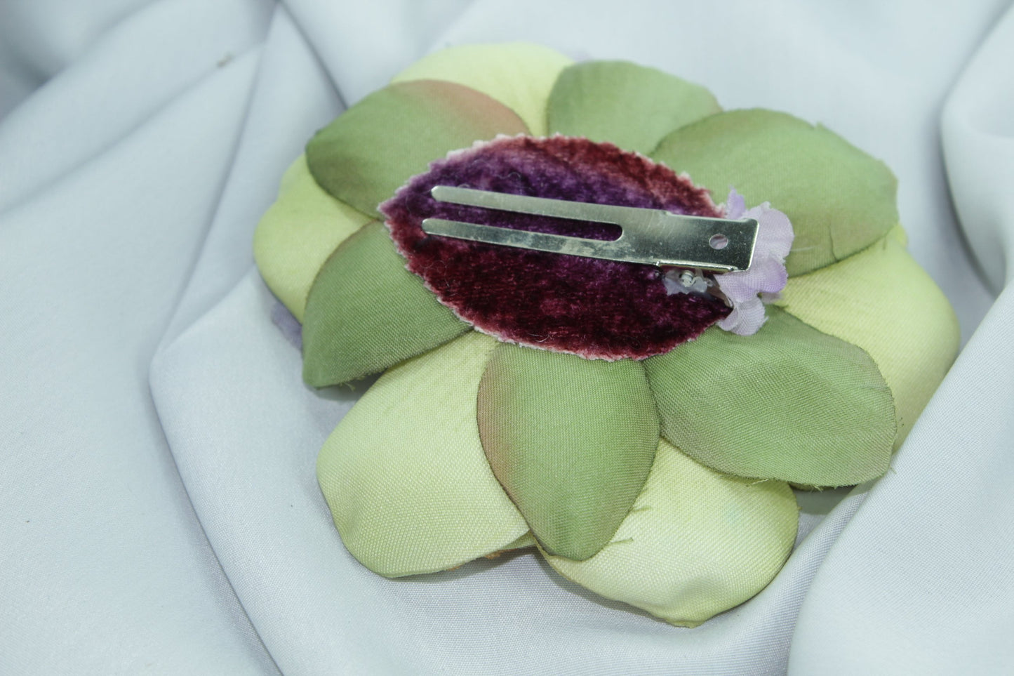 Vintage Hair Clip Silk Lily Blue Rhinestone Center 4" flower