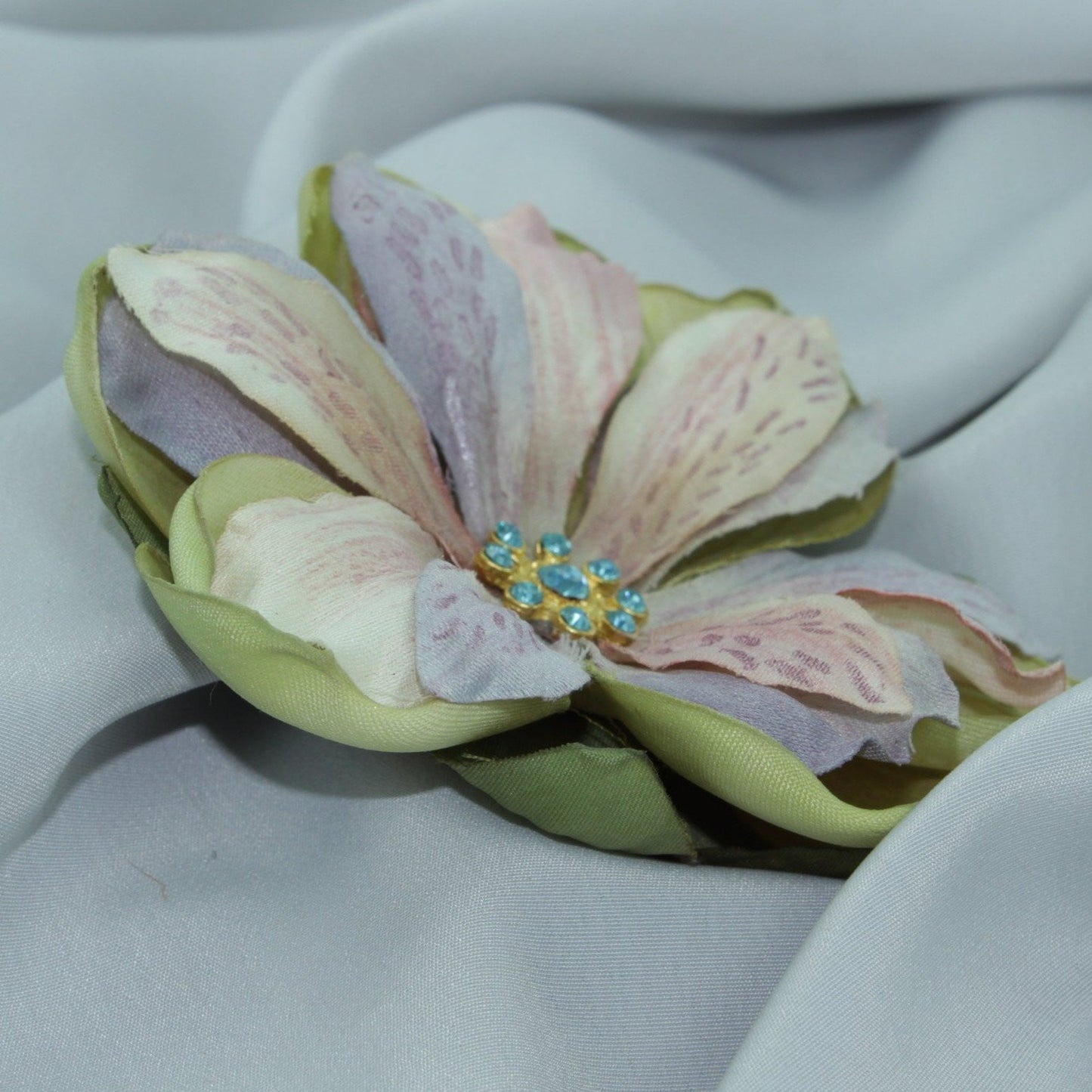 Vintage Hair Clip Silk Lily Blue Rhinestone Center 4" pink lavender