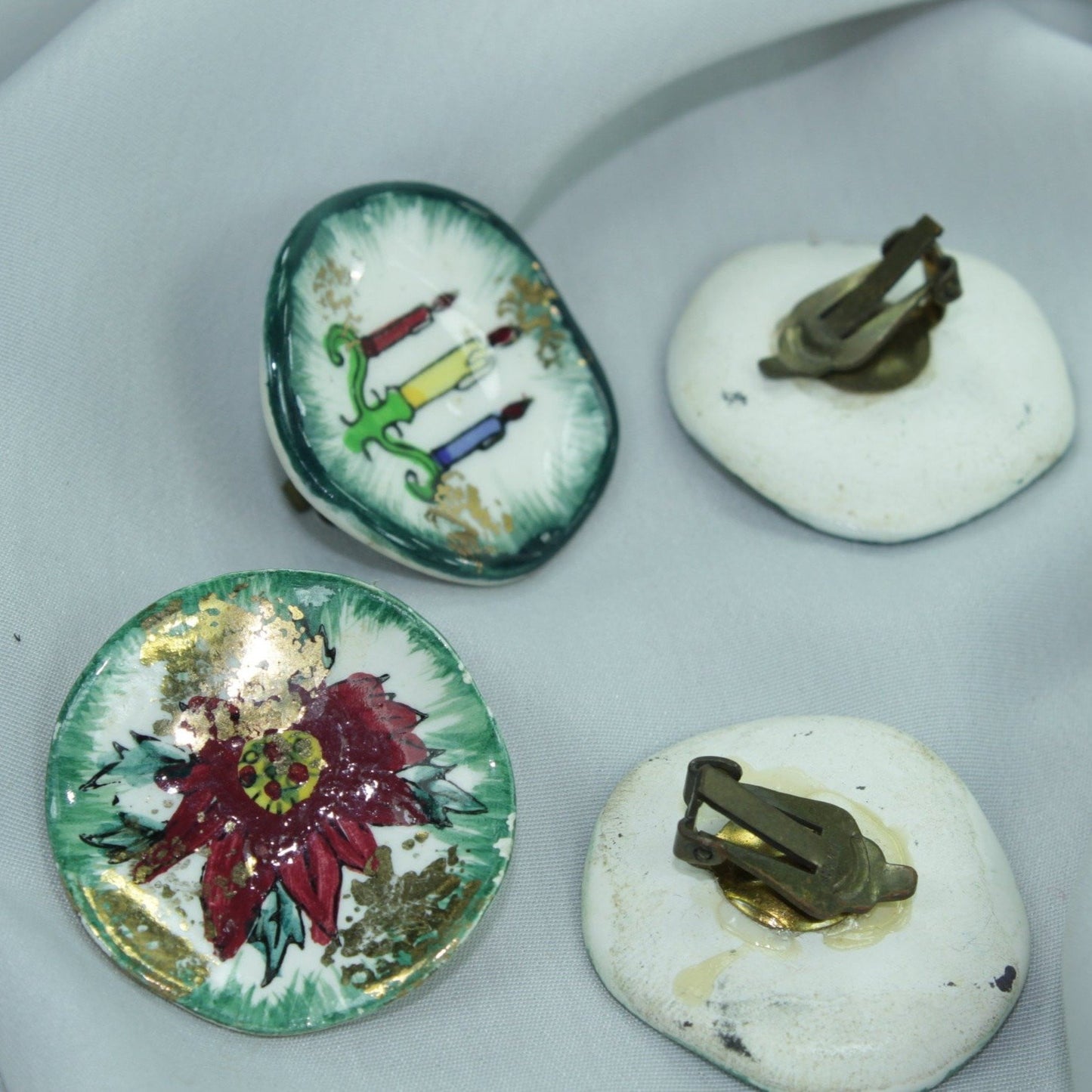Vintage Earrings Christmas Ceramic Japan Clips Rare Collectibles 2 pairs
