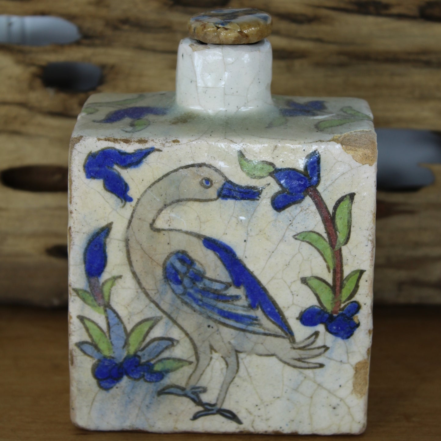 Old Iznik Turkey Bottle Flask with Stopper - Bird Flowers blue green