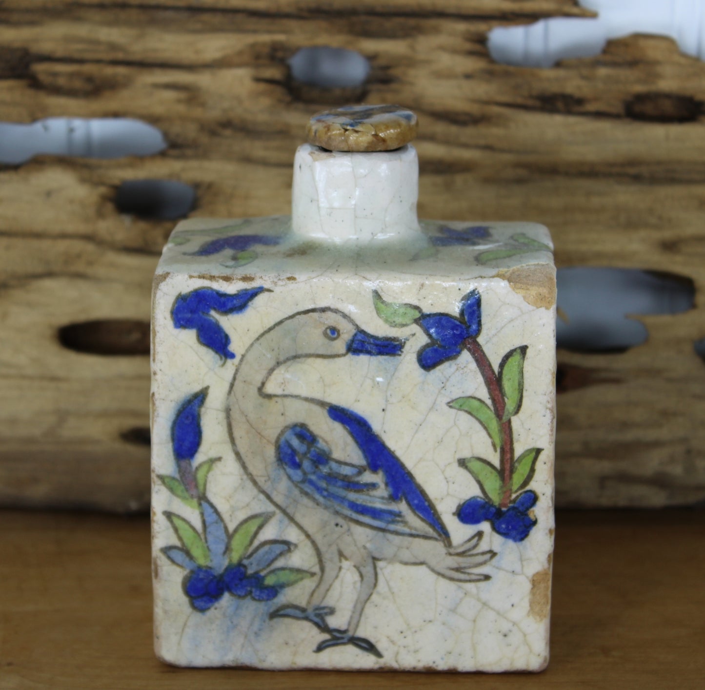 Old Iznik Turkey Bottle Flask with Stopper - Bird Flowers